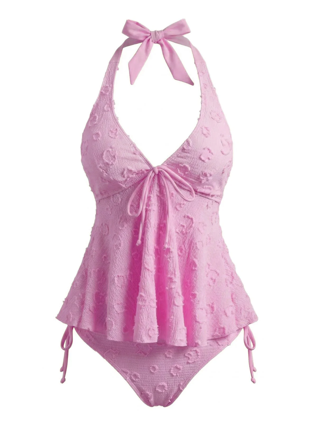 Hellgelb 1950er Strukturiert Blumen Halter Tiefer V Tankini Set - Image 16