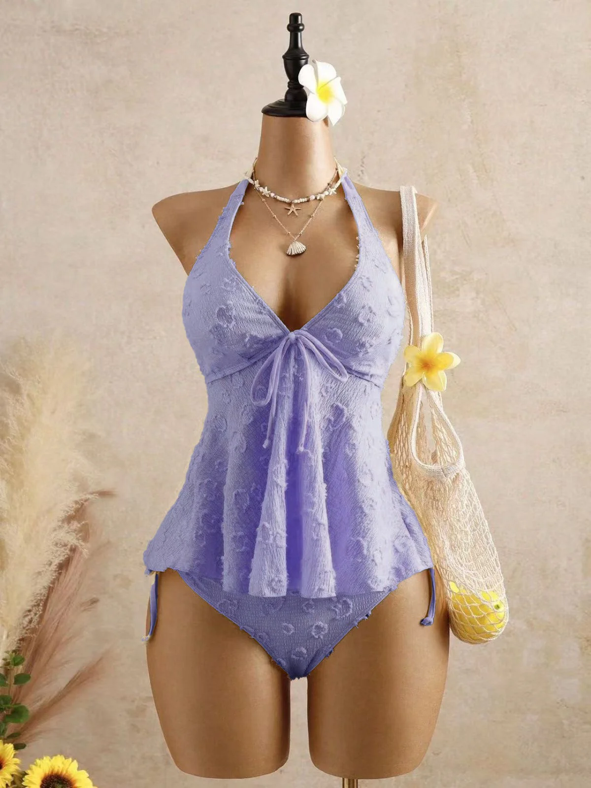 Hellgelb 1950er Strukturiert Blumen Halter Tiefer V Tankini Set - Image 25