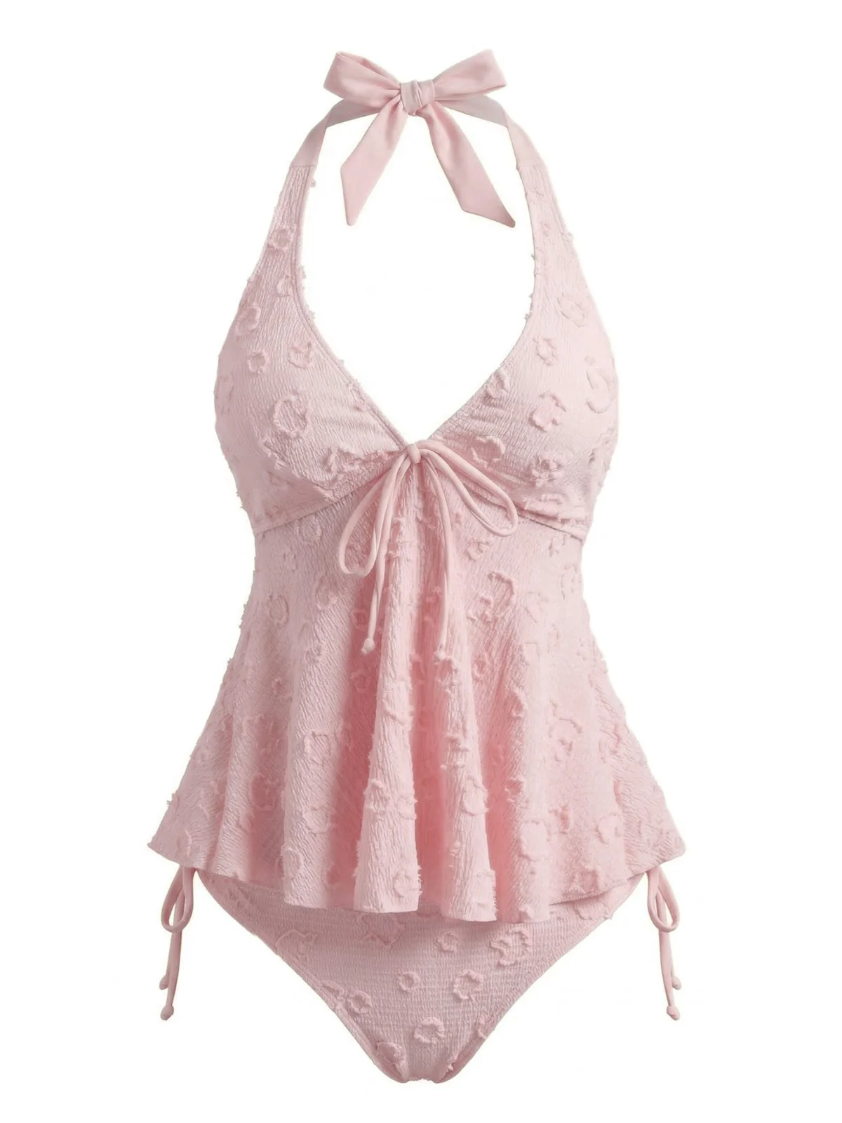 Hellgelb 1950er Strukturiert Blumen Halter Tiefer V Tankini Set - Image 18