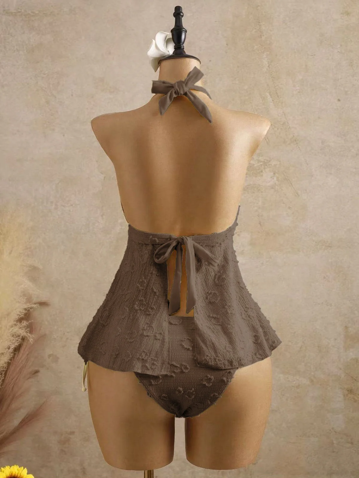 Hellgelb 1950er Strukturiert Blumen Halter Tiefer V Tankini Set - Image 21