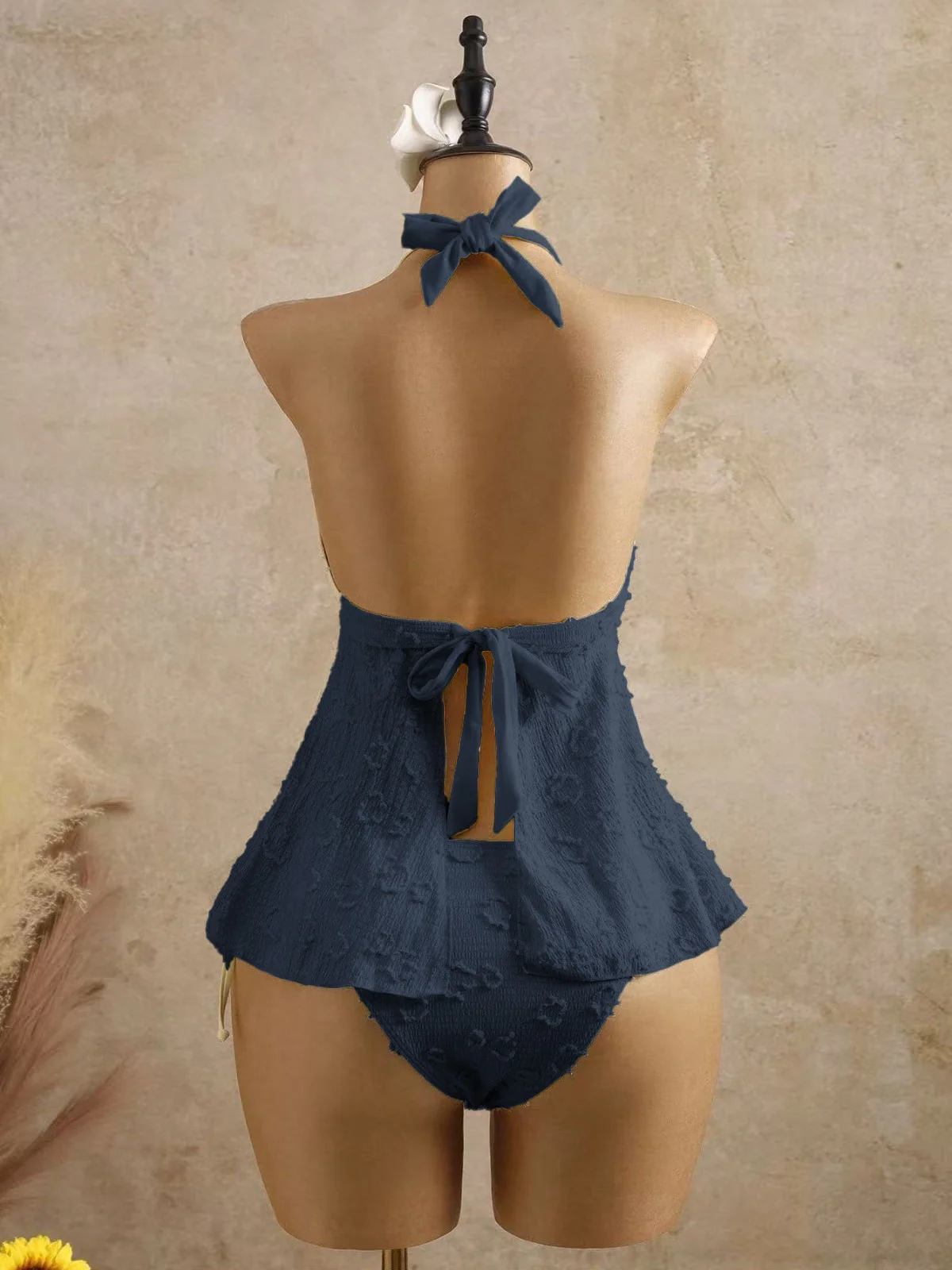 Hellgelb 1950er Strukturiert Blumen Halter Tiefer V Tankini Set - Image 23