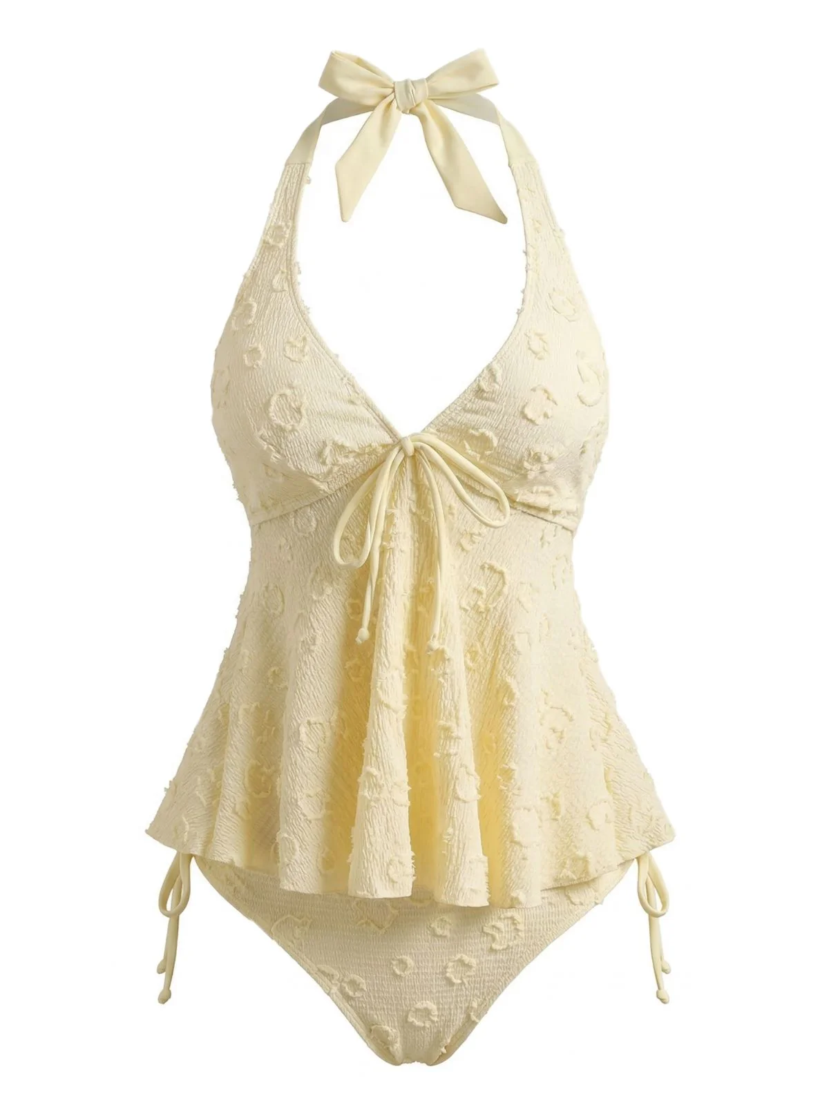 Hellgelb 1950er Strukturiert Blumen Halter Tiefer V Tankini Set - Image 2