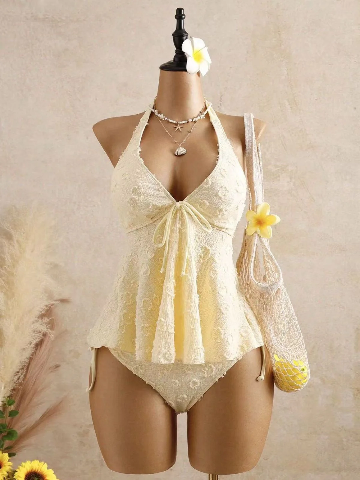 Hellgelb 1950er Strukturiert Blumen Halter Tiefer V Tankini Set - Image 3