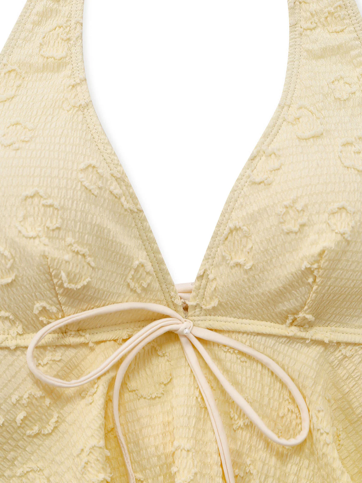 Hellgelb 1950er Strukturiert Blumen Halter Tiefer V Tankini Set - Image 5