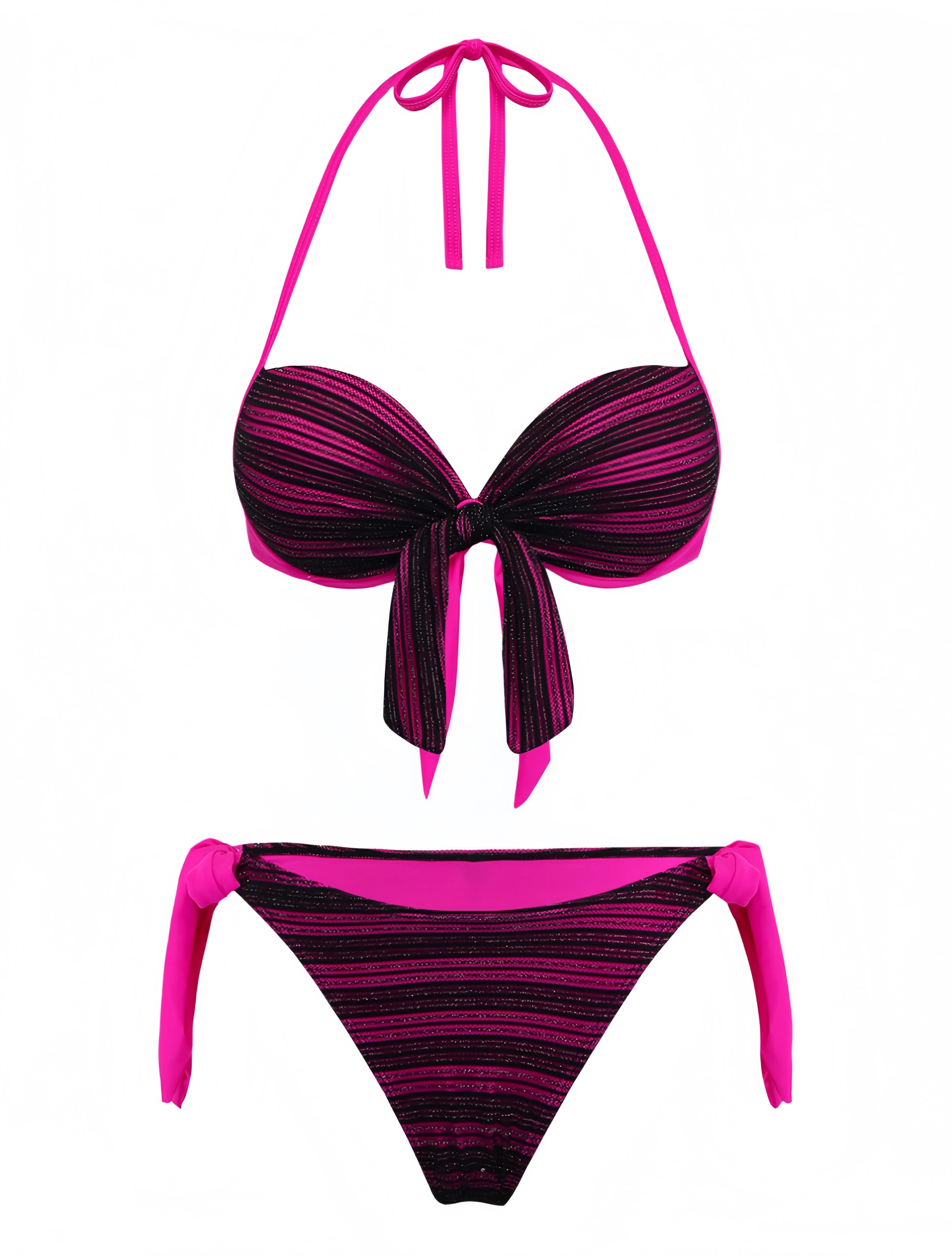Lila 1960er Halter Streifen Schleife Bikini Set - Image 2