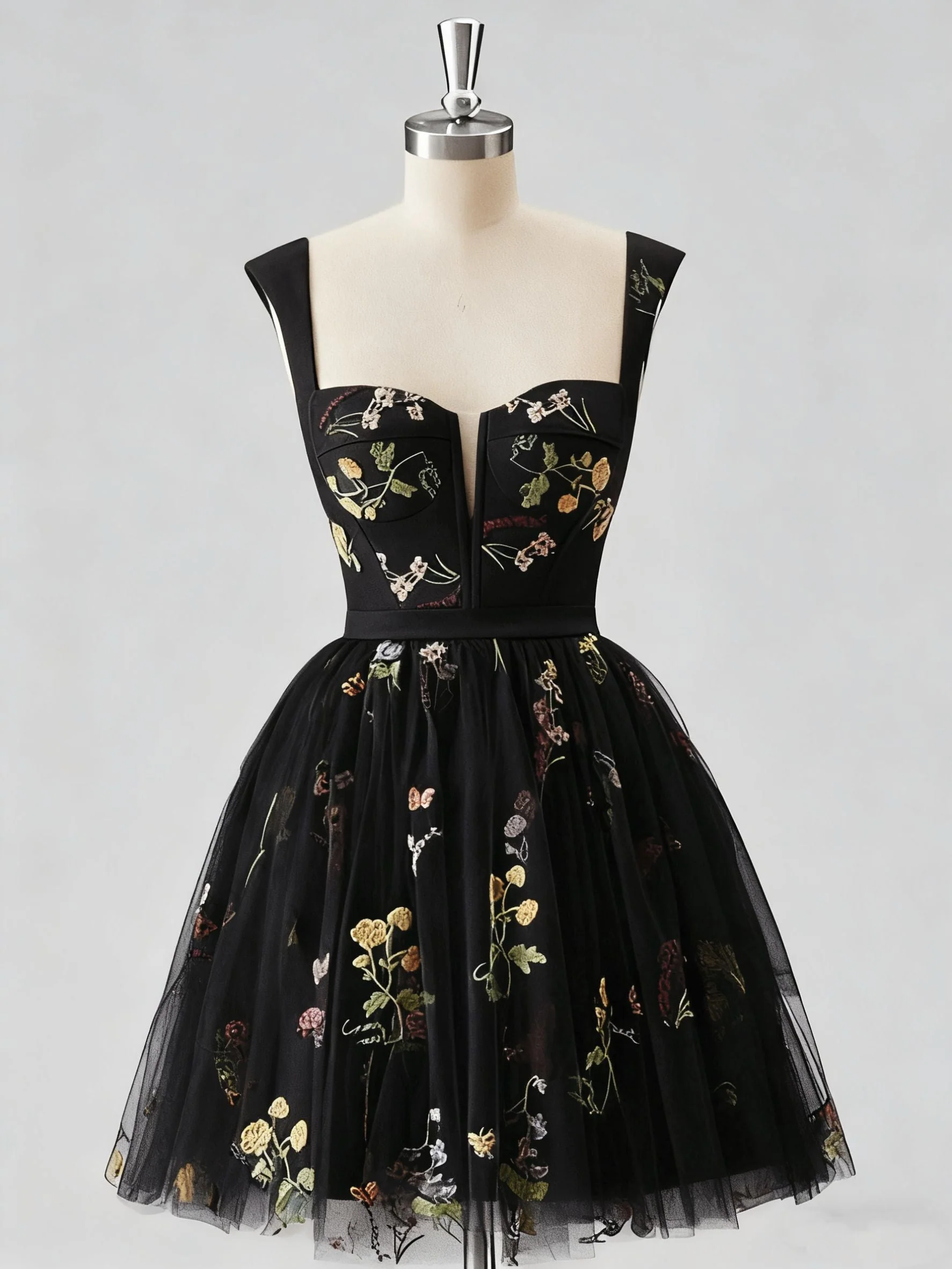 Schwarz 1970er Besticktes Blumen Spitze Mini Kleid - Image 3
