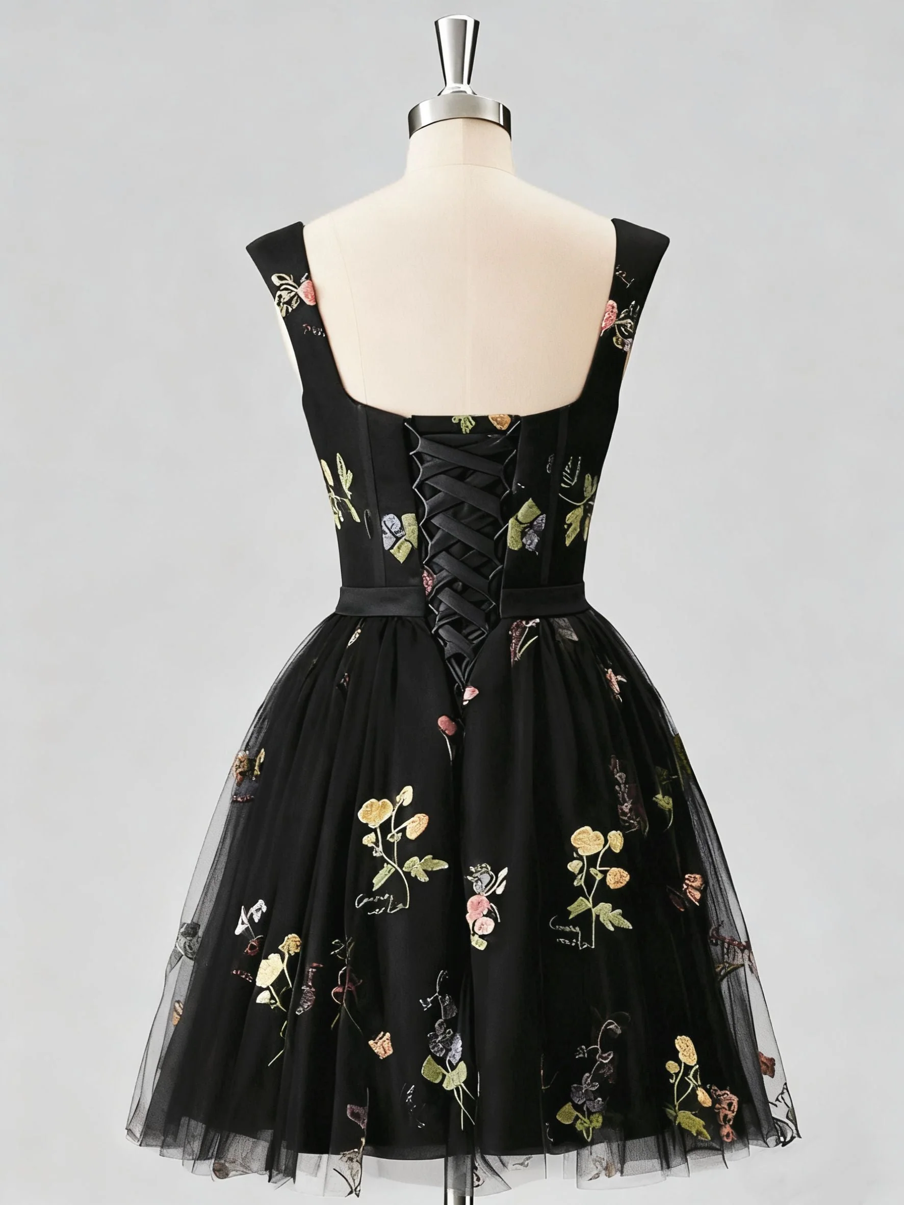 Schwarz 1970er Besticktes Blumen Spitze Mini Kleid - Image 4
