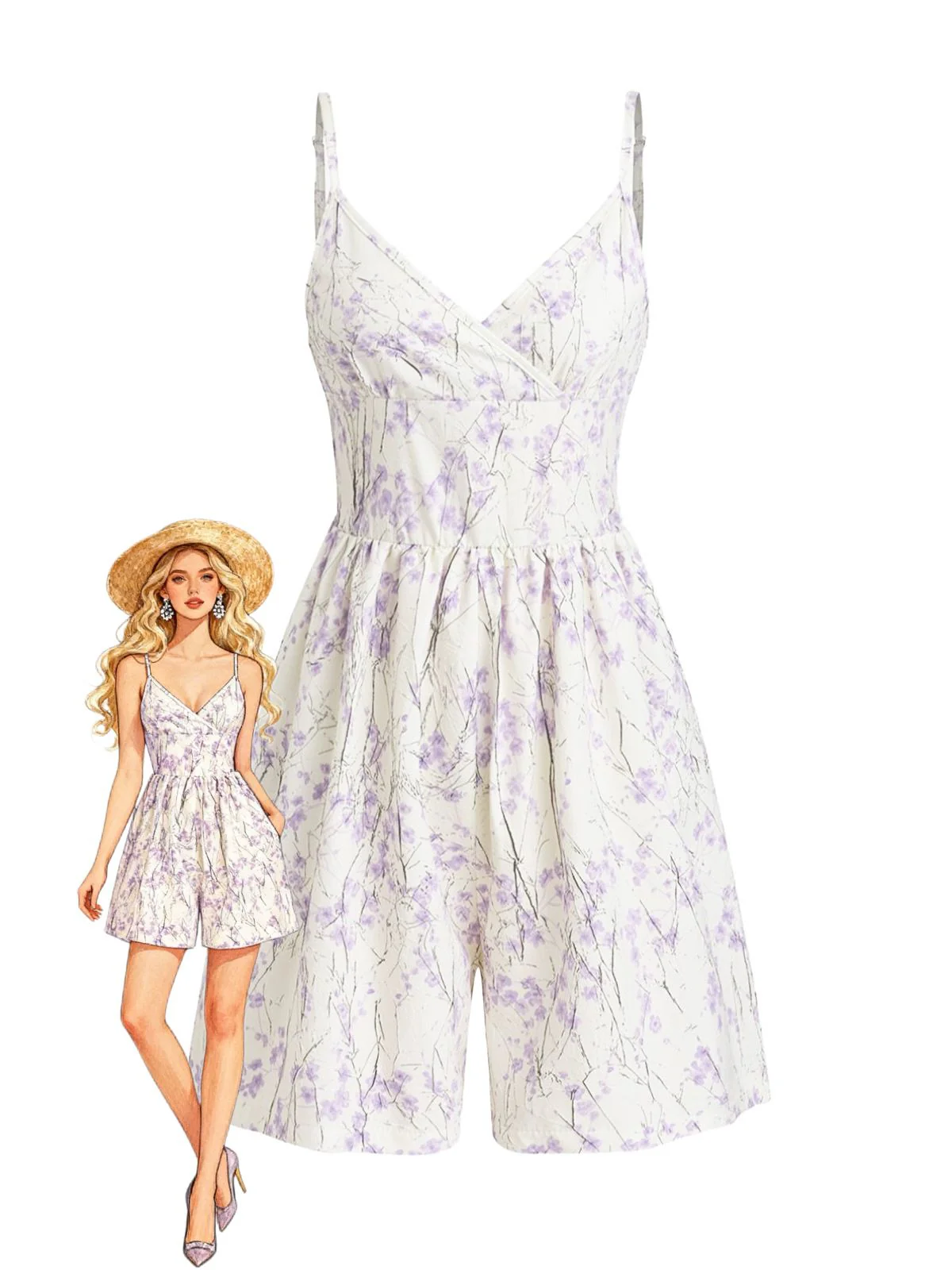 Lila 1970er Blumen Druck Spaghetti Träger Romper