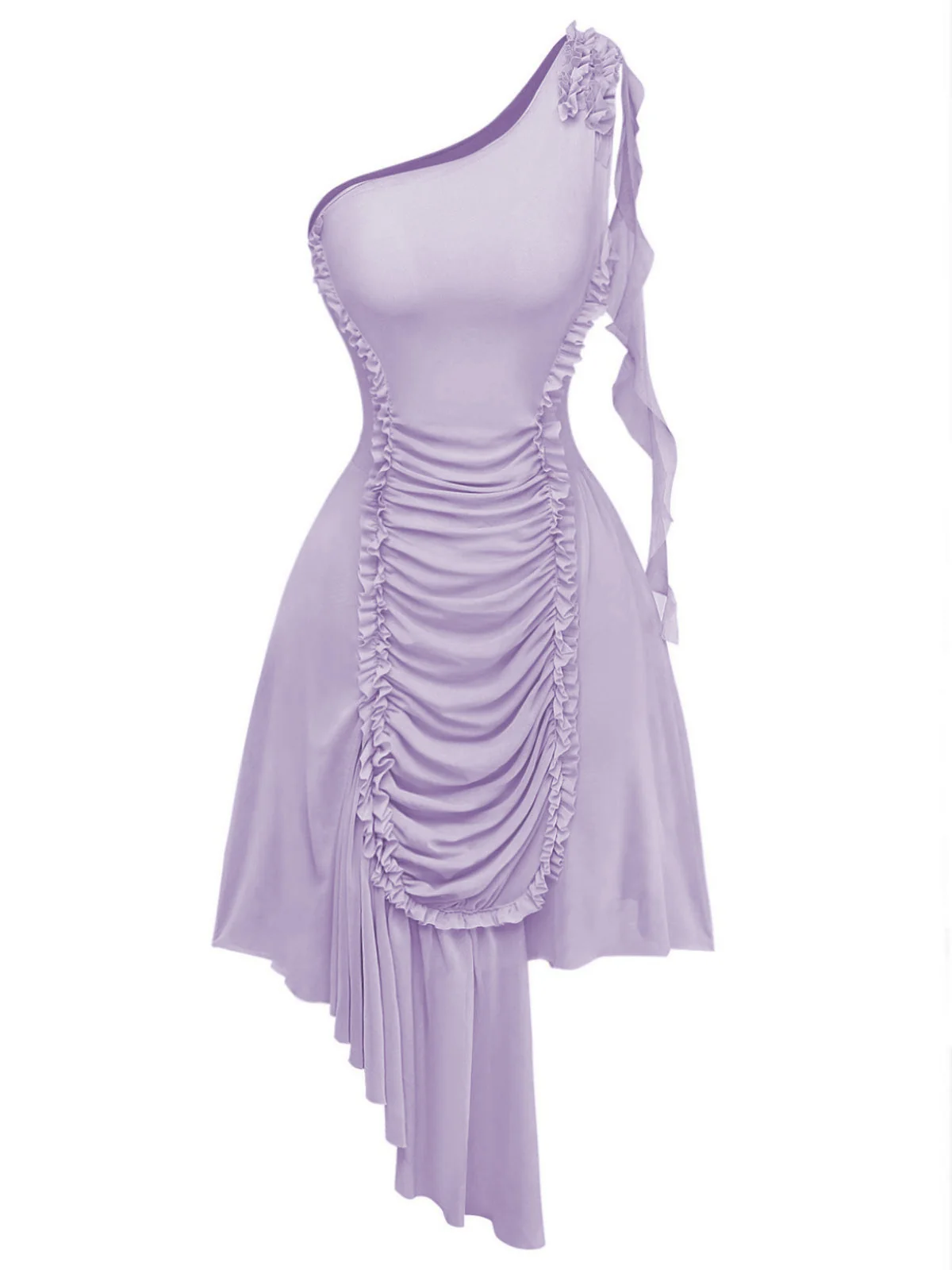 Lila 1970er Netz Eine Schulter Rüschen Asymmetrisch Kleid - Image 2