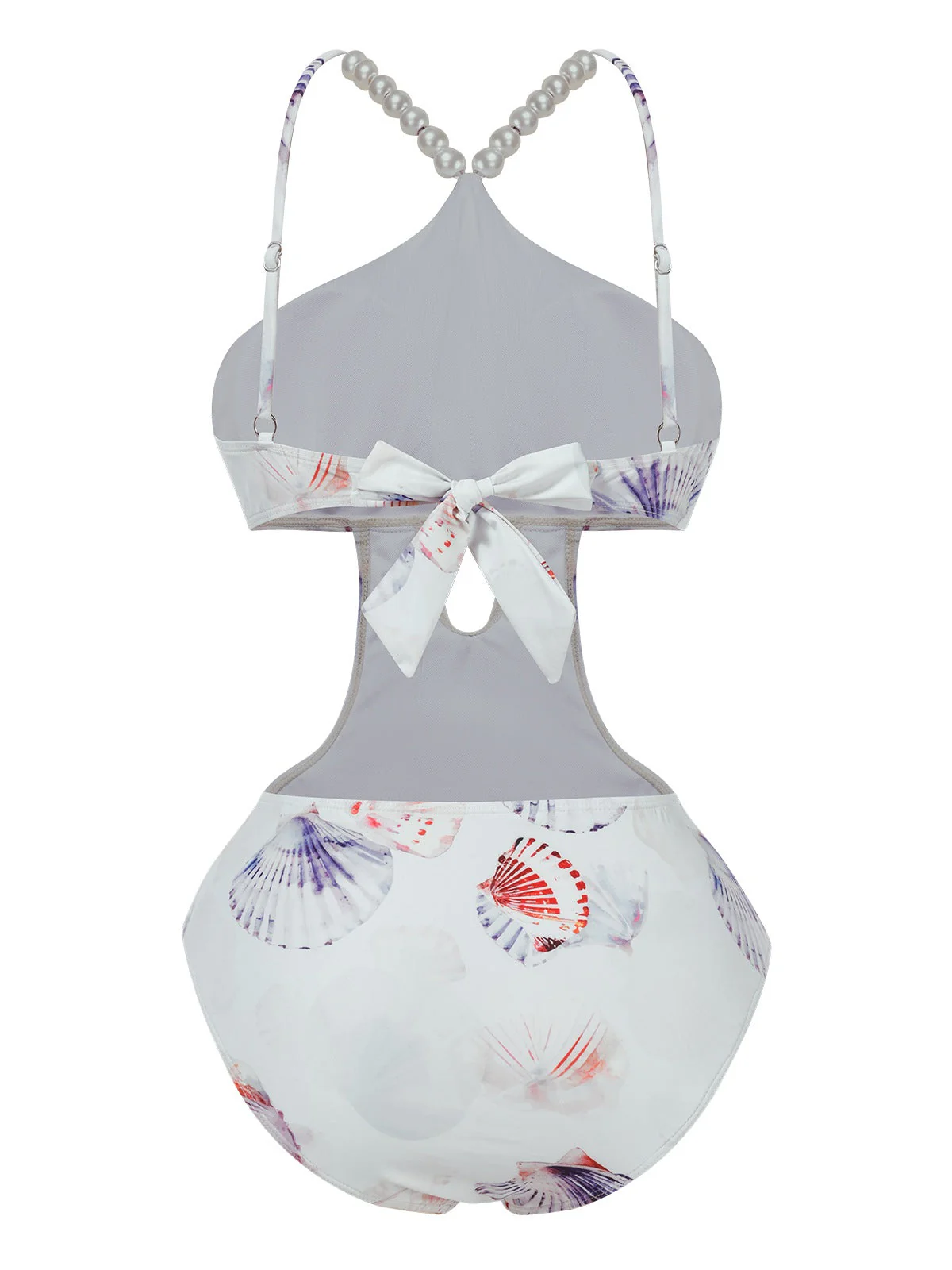 Lila 1970er Perle Muscheldruck Ausgehöhlter Träger Badeanzug - Image 3