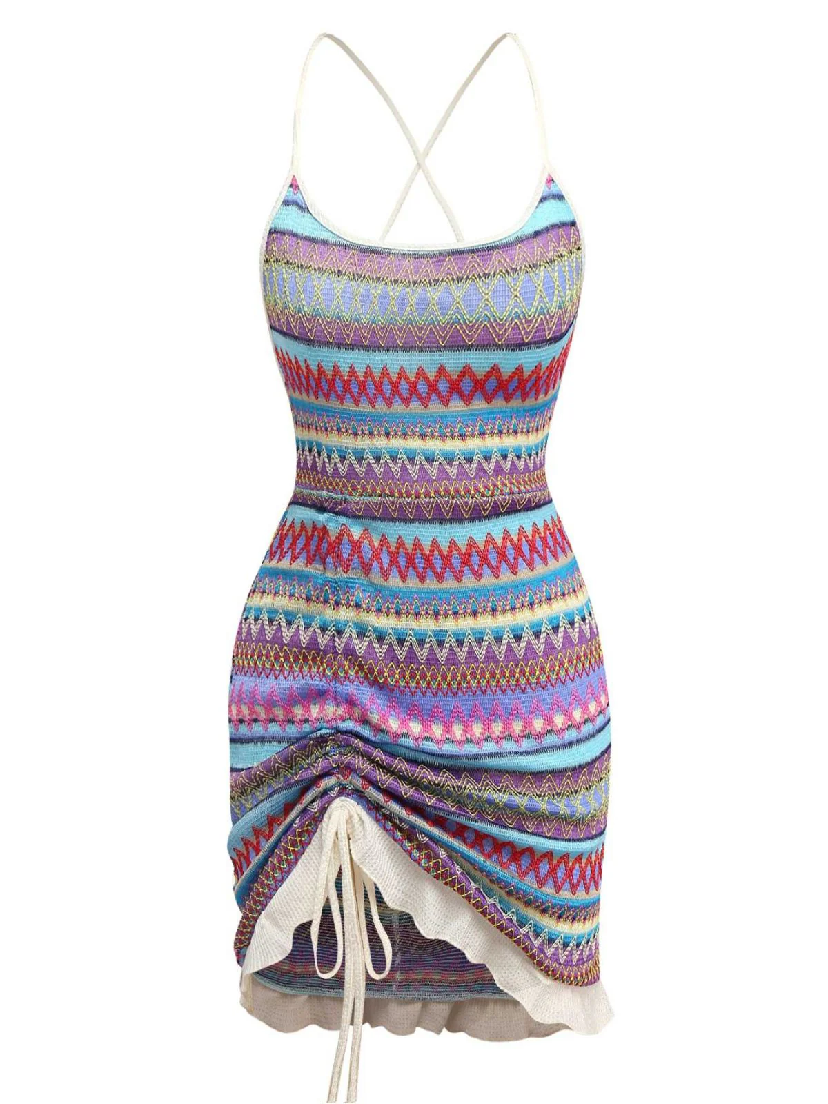 Lila 1970er Spaghetti Träger Boho Kordelzug Kleid