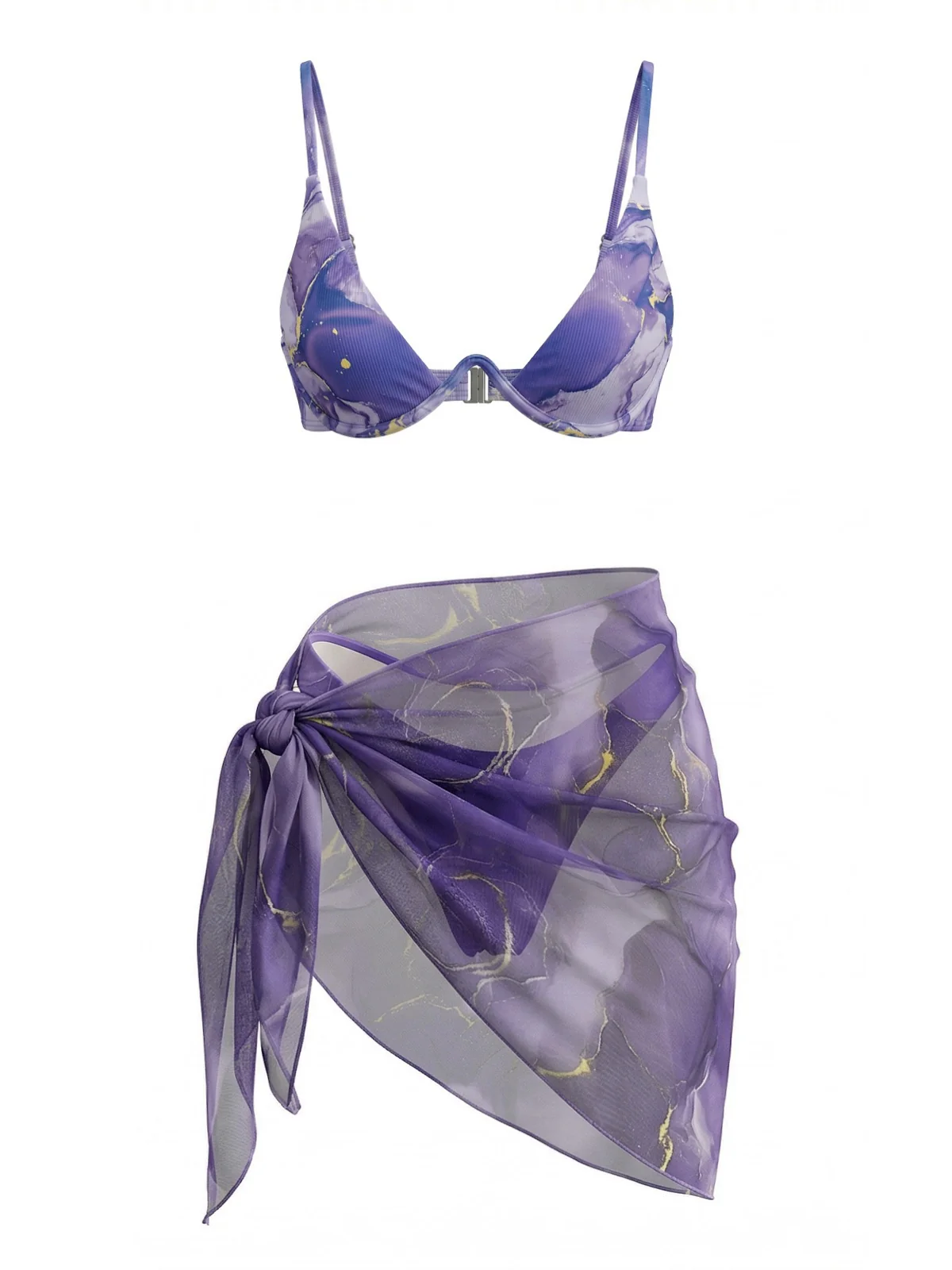 Lila 1980er Marmor-Print Triangel Bikini Set & Cover-Up - Image 3