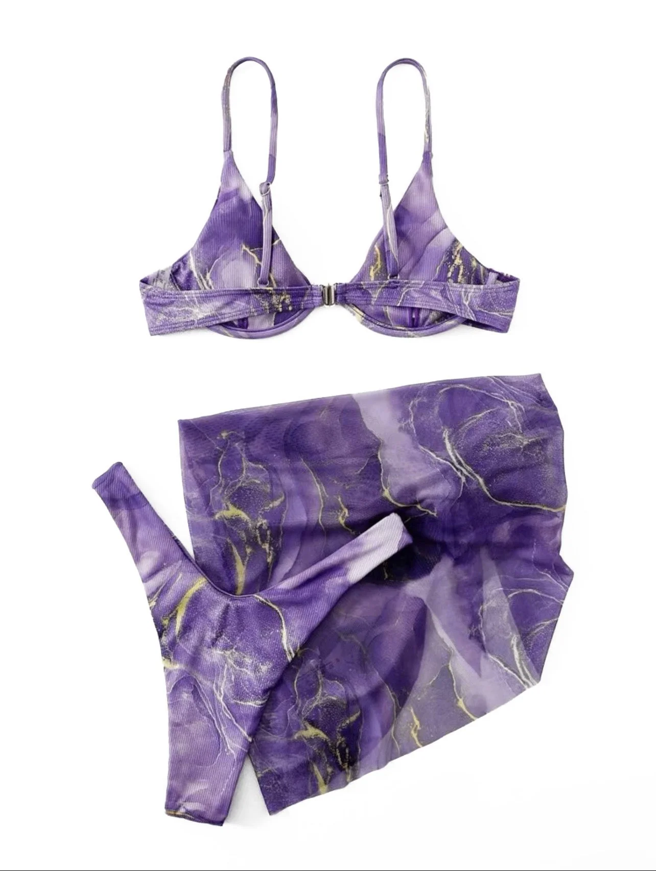 Lila 1980er Marmor-Print Triangel Bikini Set & Cover-Up - Image 6