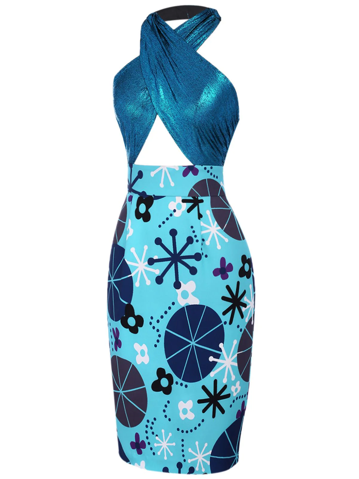 Blau 1960er Halter Abstrakt Blumen Körperbetont Kleid - Image 3
