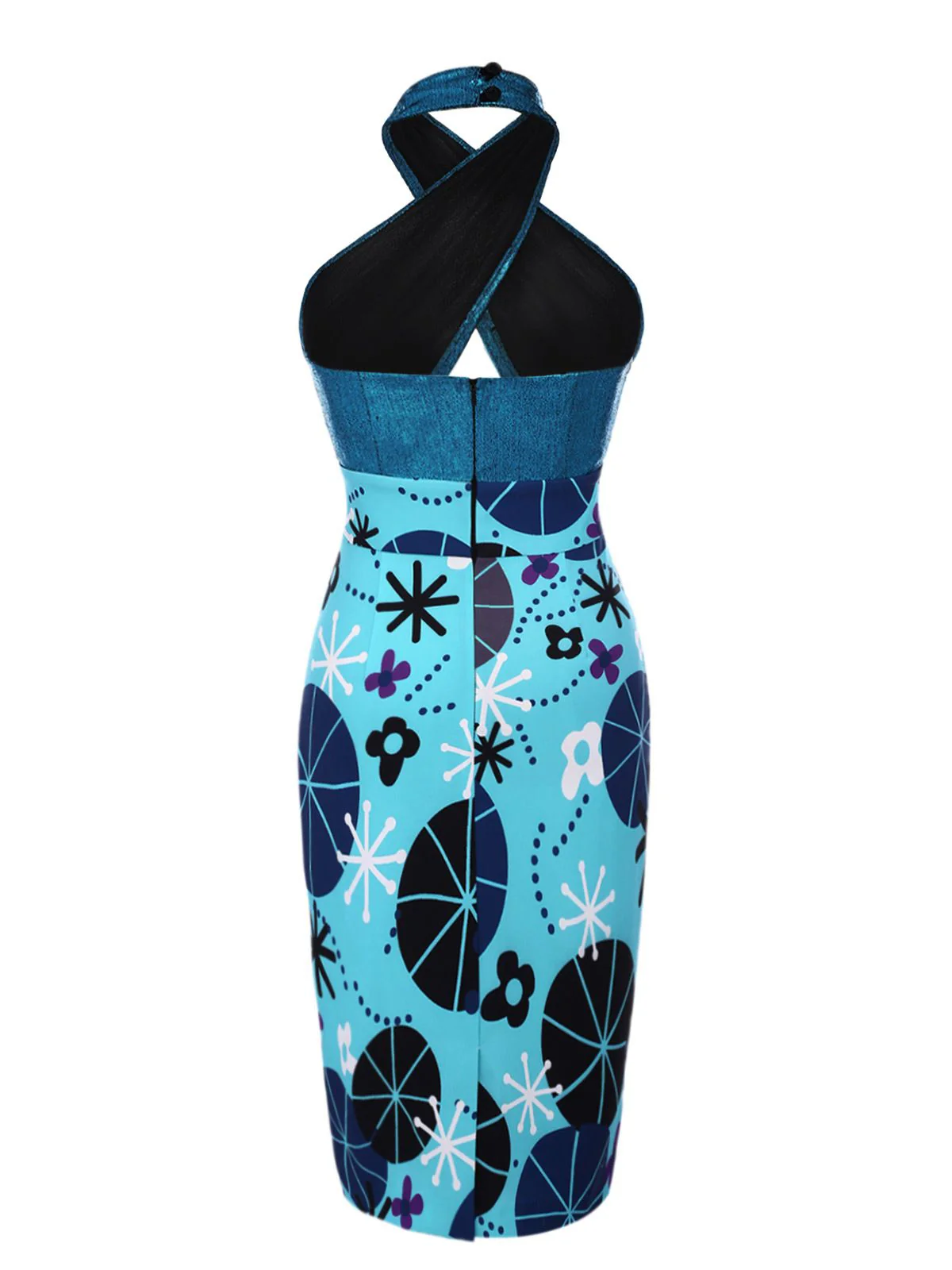 Blau 1960er Halter Abstrakt Blumen Körperbetont Kleid - Image 4