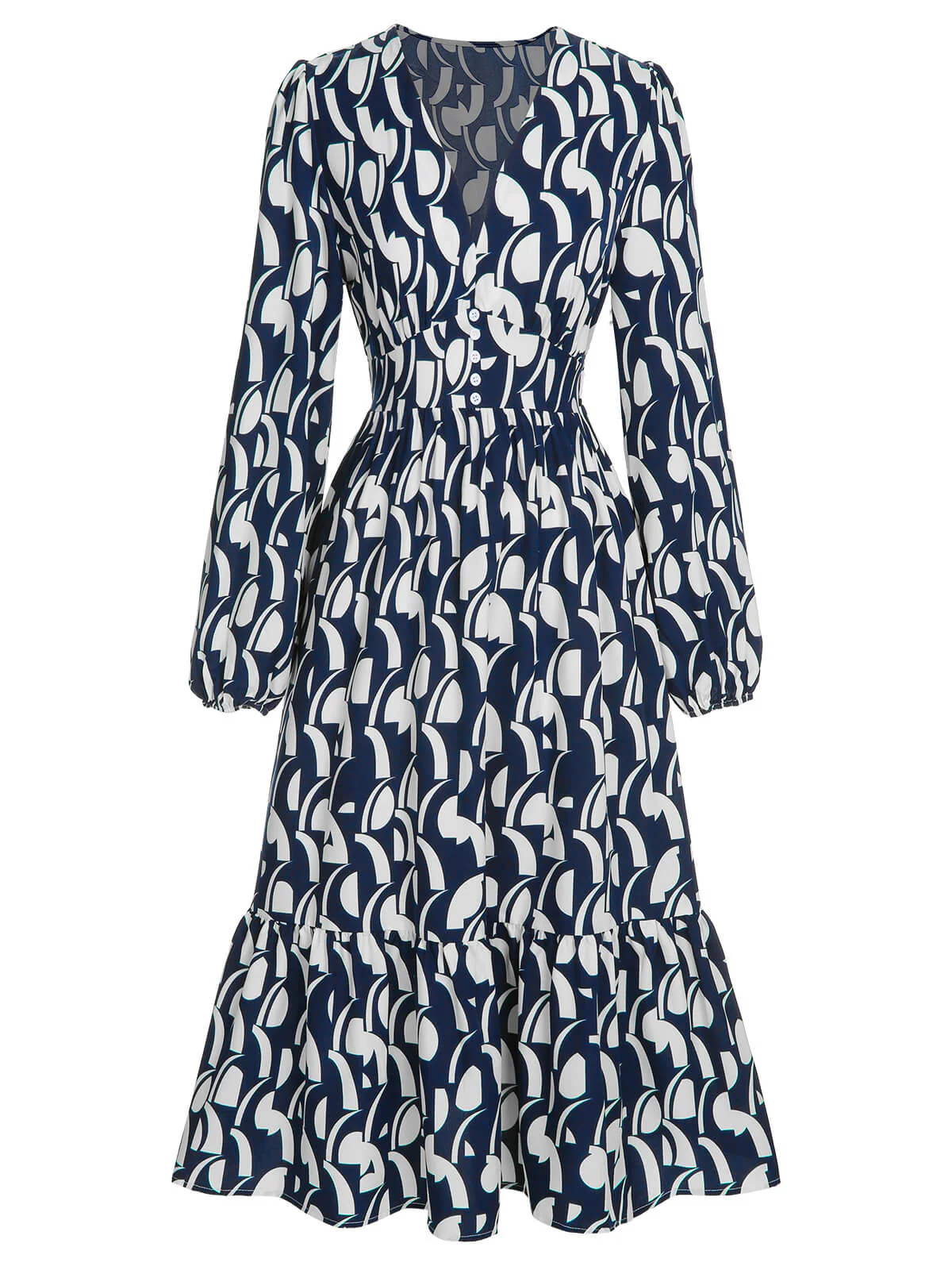 Marineblau 1930er Geometrisch Bedrucktes V-Ausschnitt Kleid - Image 2