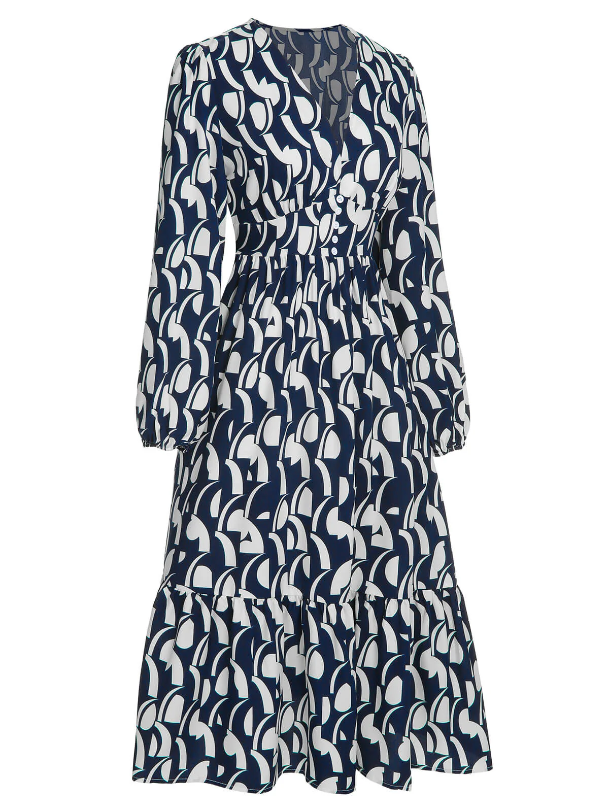 Marineblau 1930er Geometrisch Bedrucktes V-Ausschnitt Kleid - Image 3