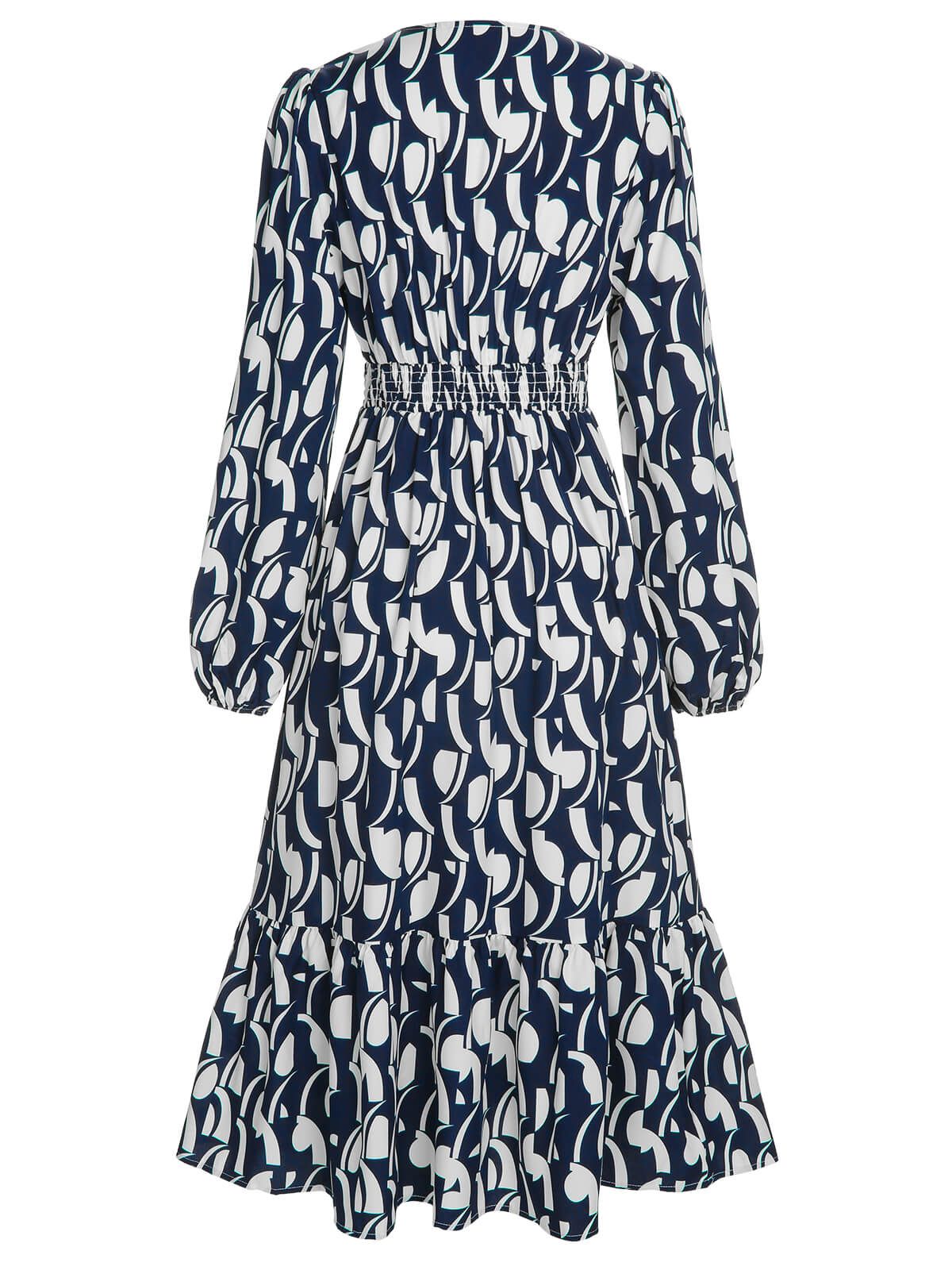 Marineblau 1930er Geometrisch Bedrucktes V-Ausschnitt Kleid - Image 4