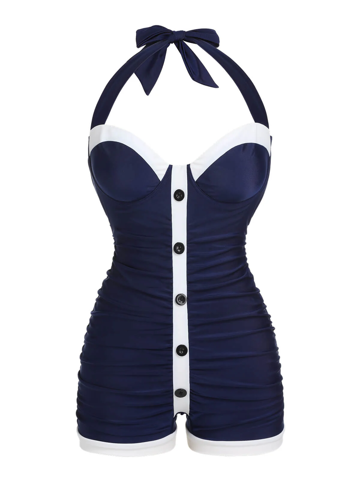 Marineblau 1950er Falten Halter Badeanzug - Image 4