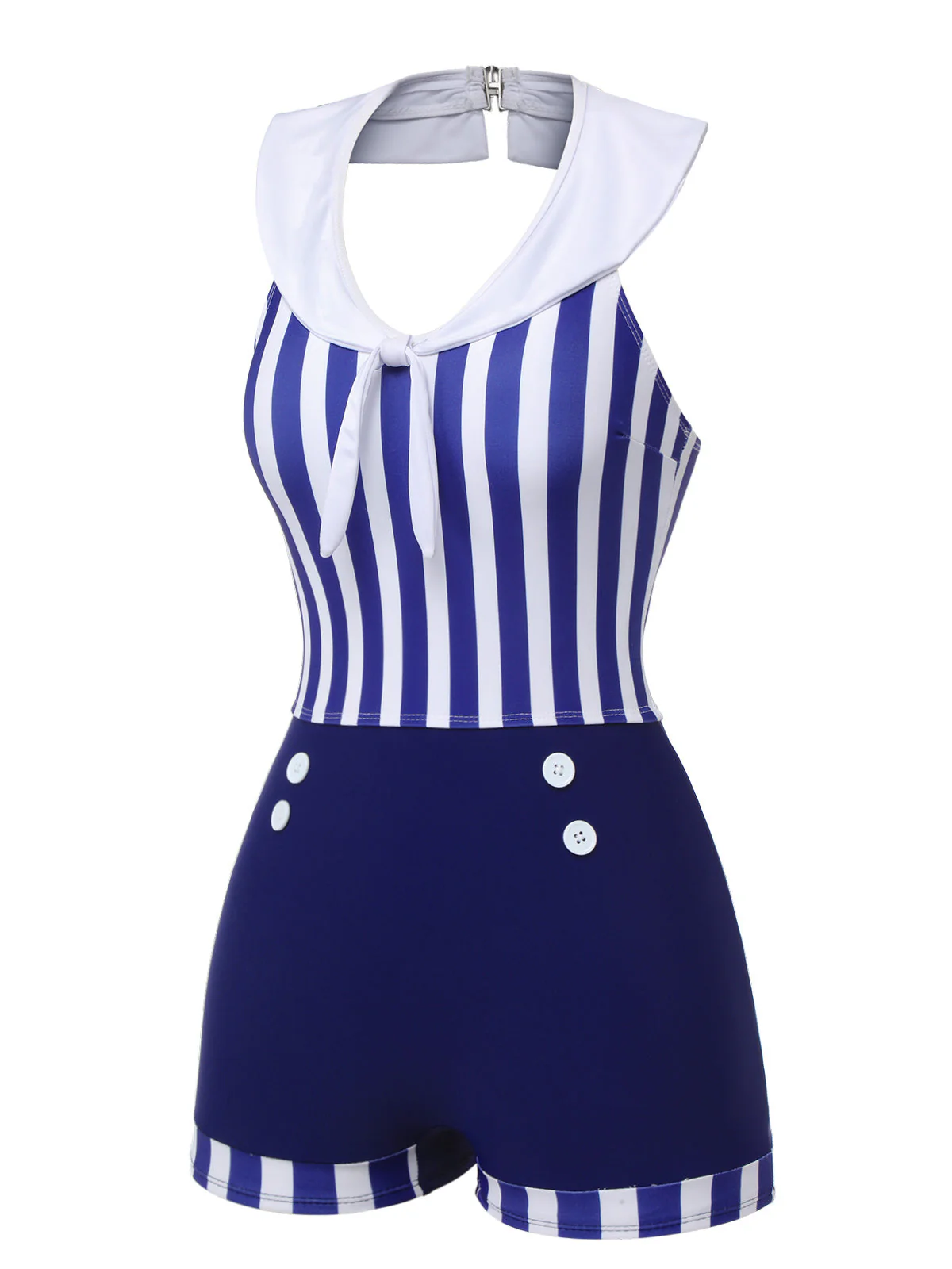 Marineblau 1950er Kragen Gestreifter Navy Badeanzug - Image 3
