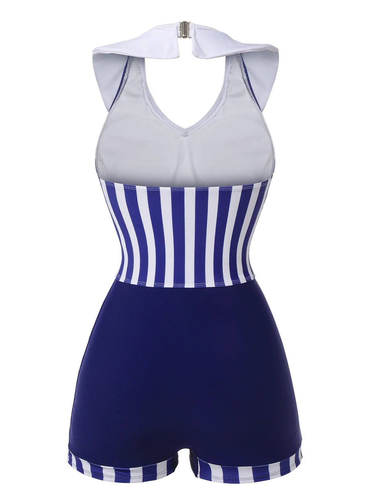 Marineblau 1950er Kragen Gestreifter Navy Badeanzug - Image 4