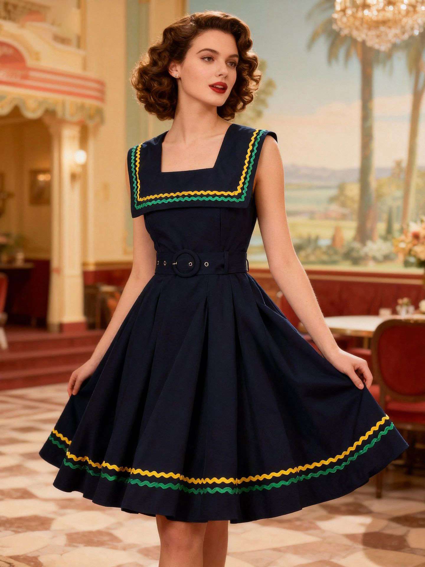 Marineblau 1950er Quadratischer Hals Wellig Streifen Ärmellos Kleid - Image 2
