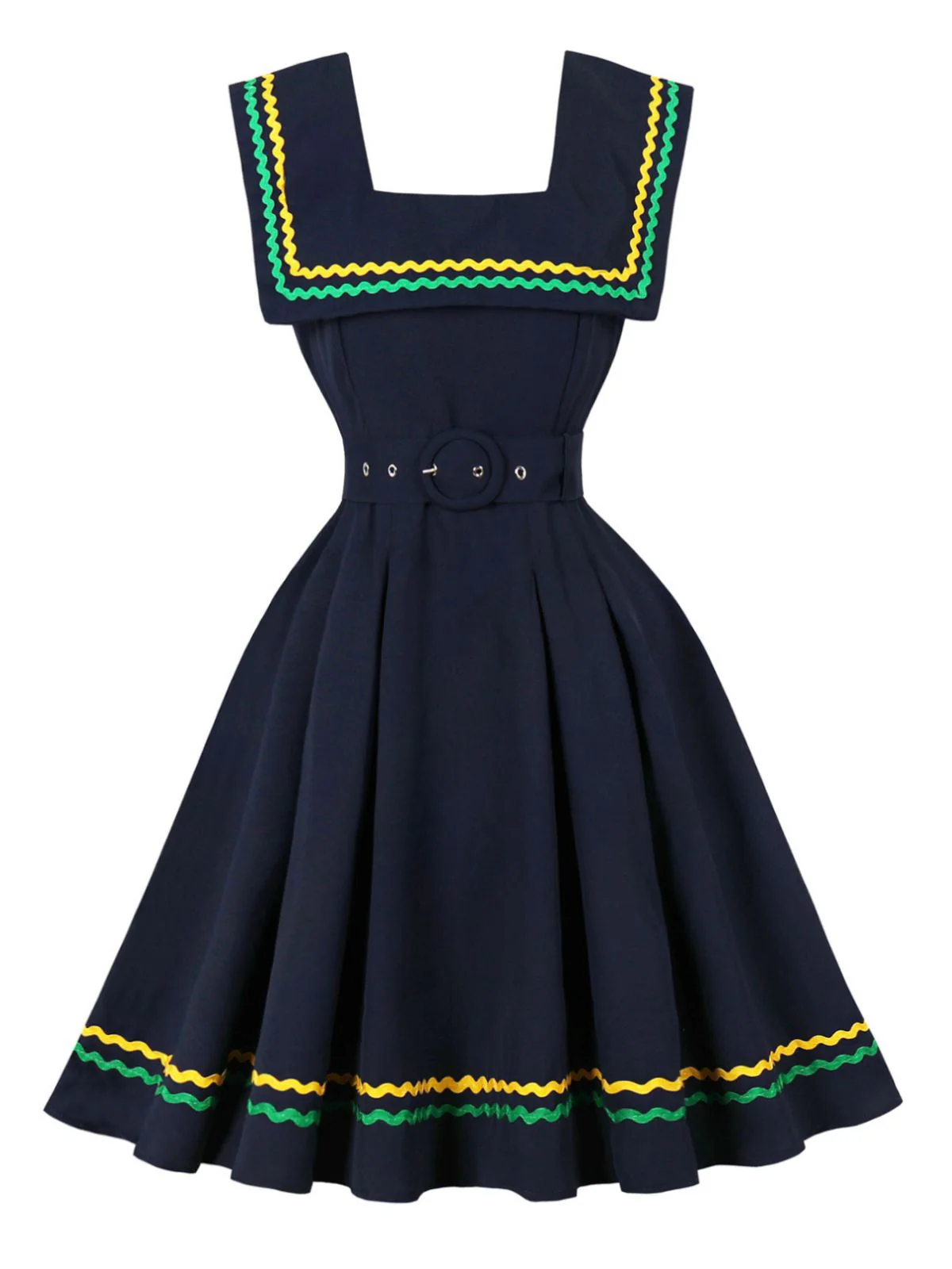 Marineblau 1950er Quadratischer Hals Wellig Streifen Ärmellos Kleid - Image 3