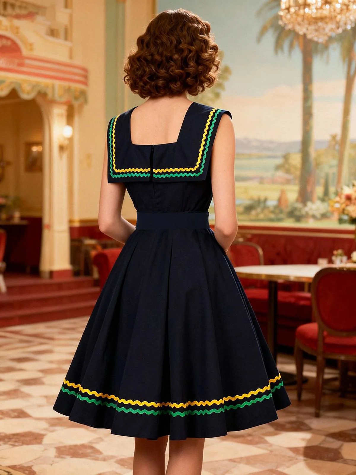 Marineblau 1950er Quadratischer Hals Wellig Streifen Ärmellos Kleid - Image 4