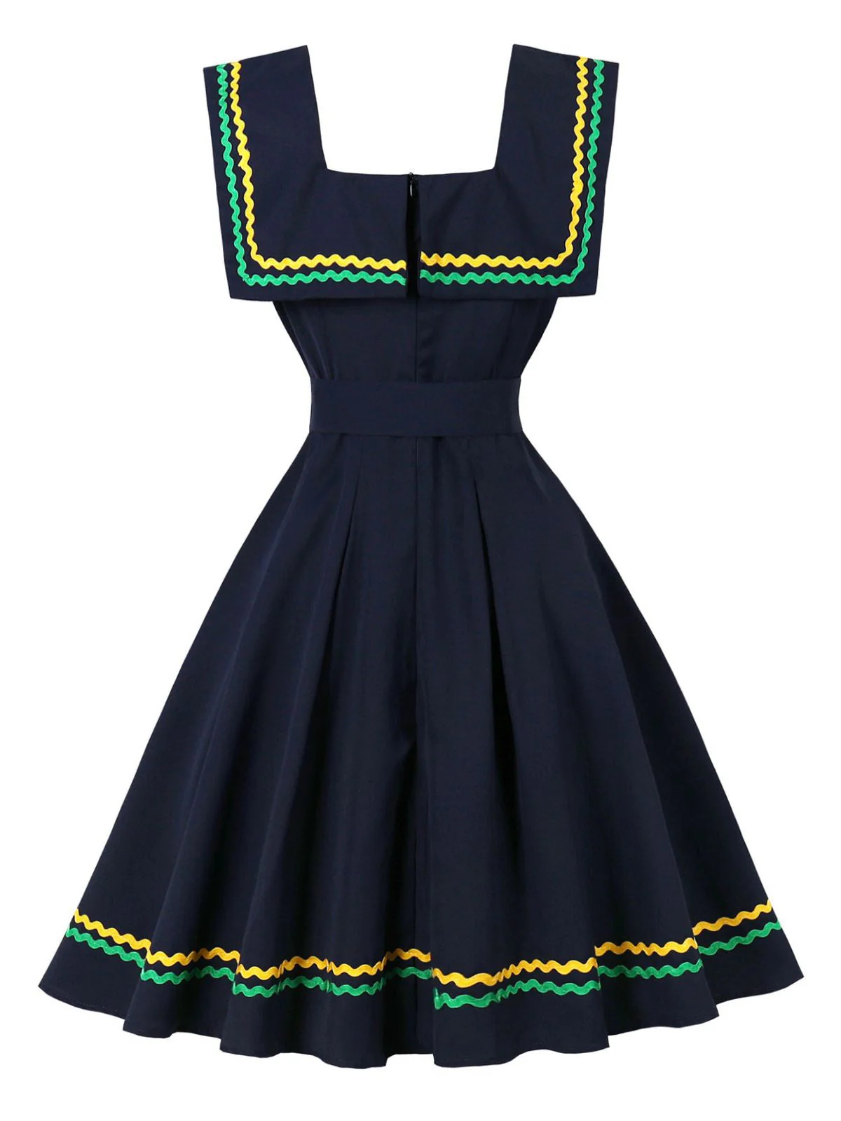 Marineblau 1950er Quadratischer Hals Wellig Streifen Ärmellos Kleid - Image 5