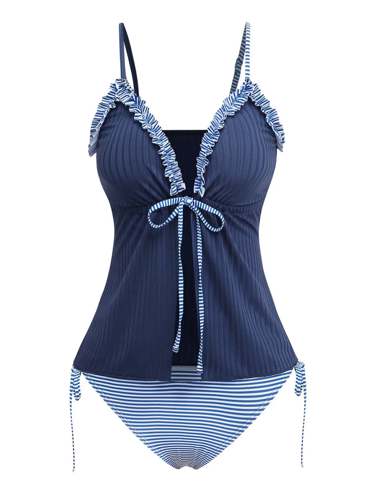 Marineblau 1950er Rüschen Gestreift Knoten-Detail Tankini-Set - Image 2