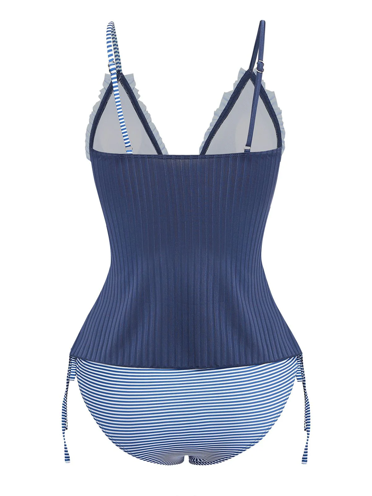 Marineblau 1950er Rüschen Gestreift Knoten-Detail Tankini-Set - Image 3