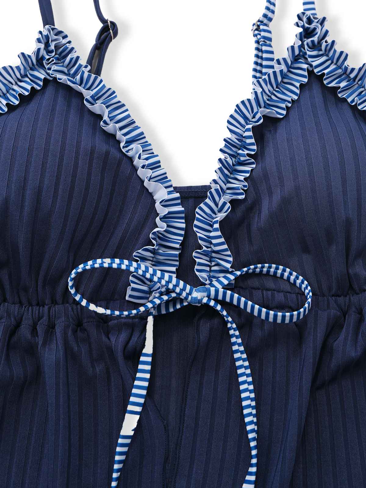 Marineblau 1950er Rüschen Gestreift Knoten-Detail Tankini-Set - Image 4