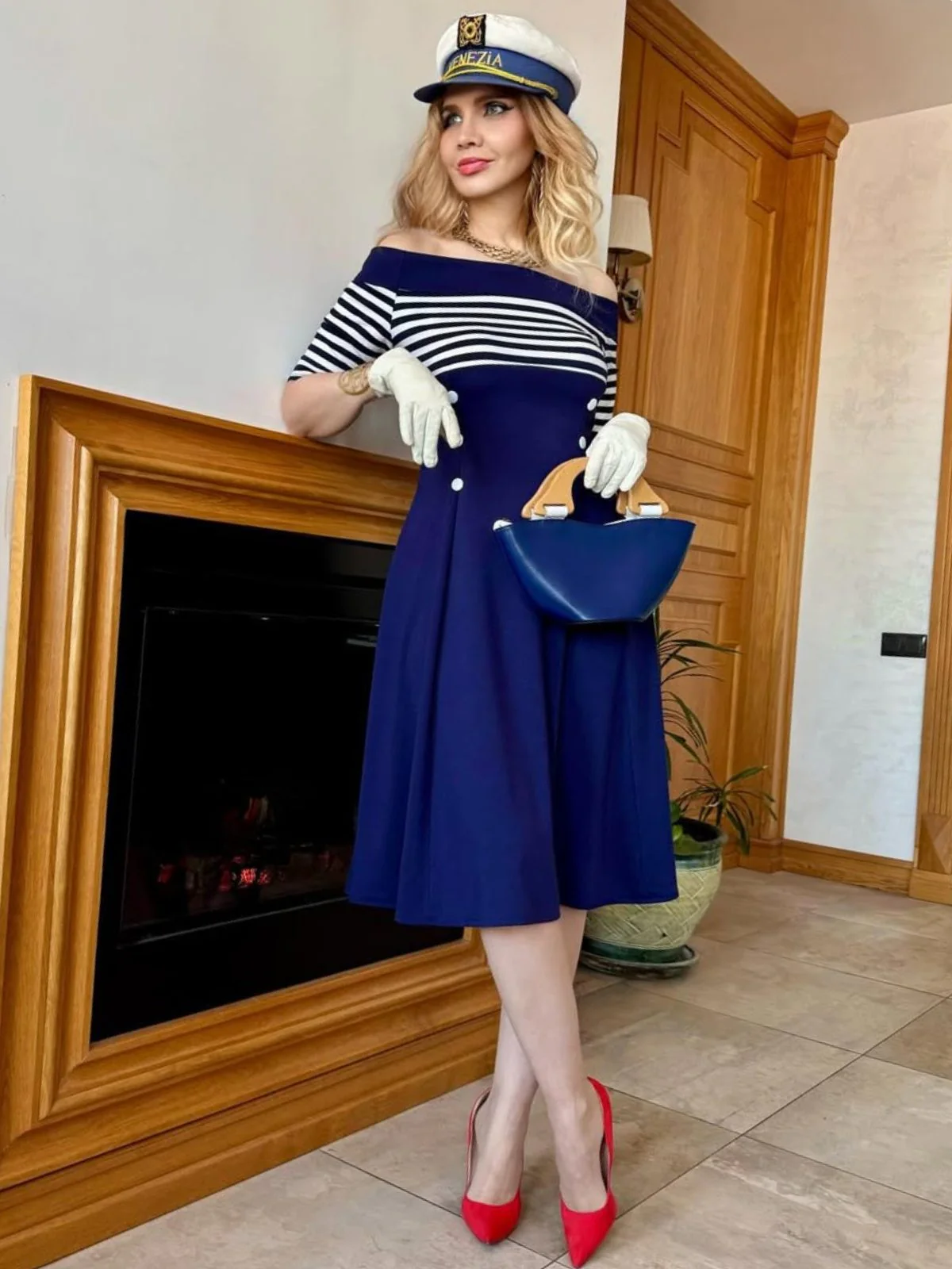 Marineblau 1950er Streifen Schulterfreies Kleid - Image 2