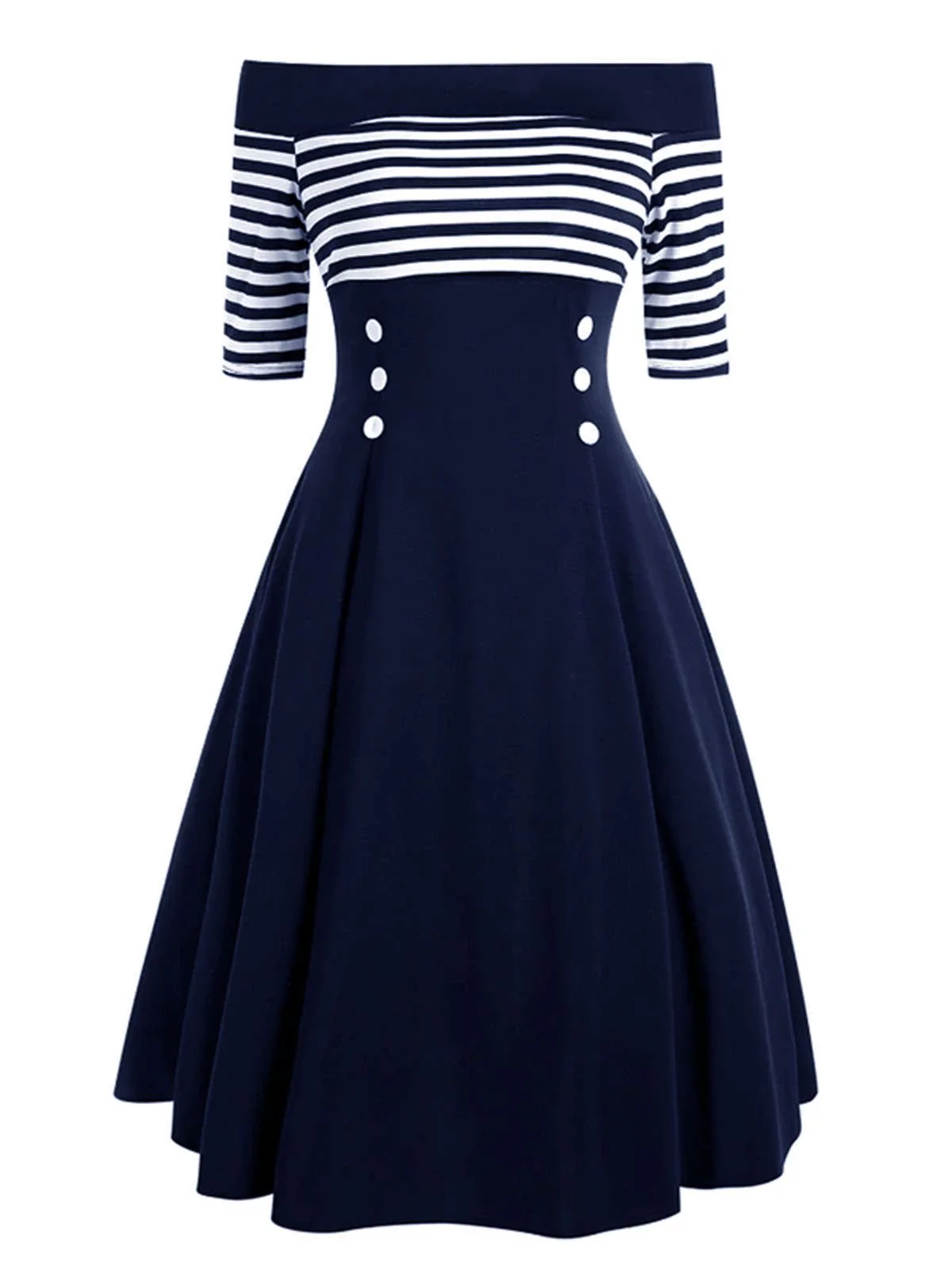 [Vorverkauf] Marineblau 1950er Streifen Schulterfreies Kleid - Image 3