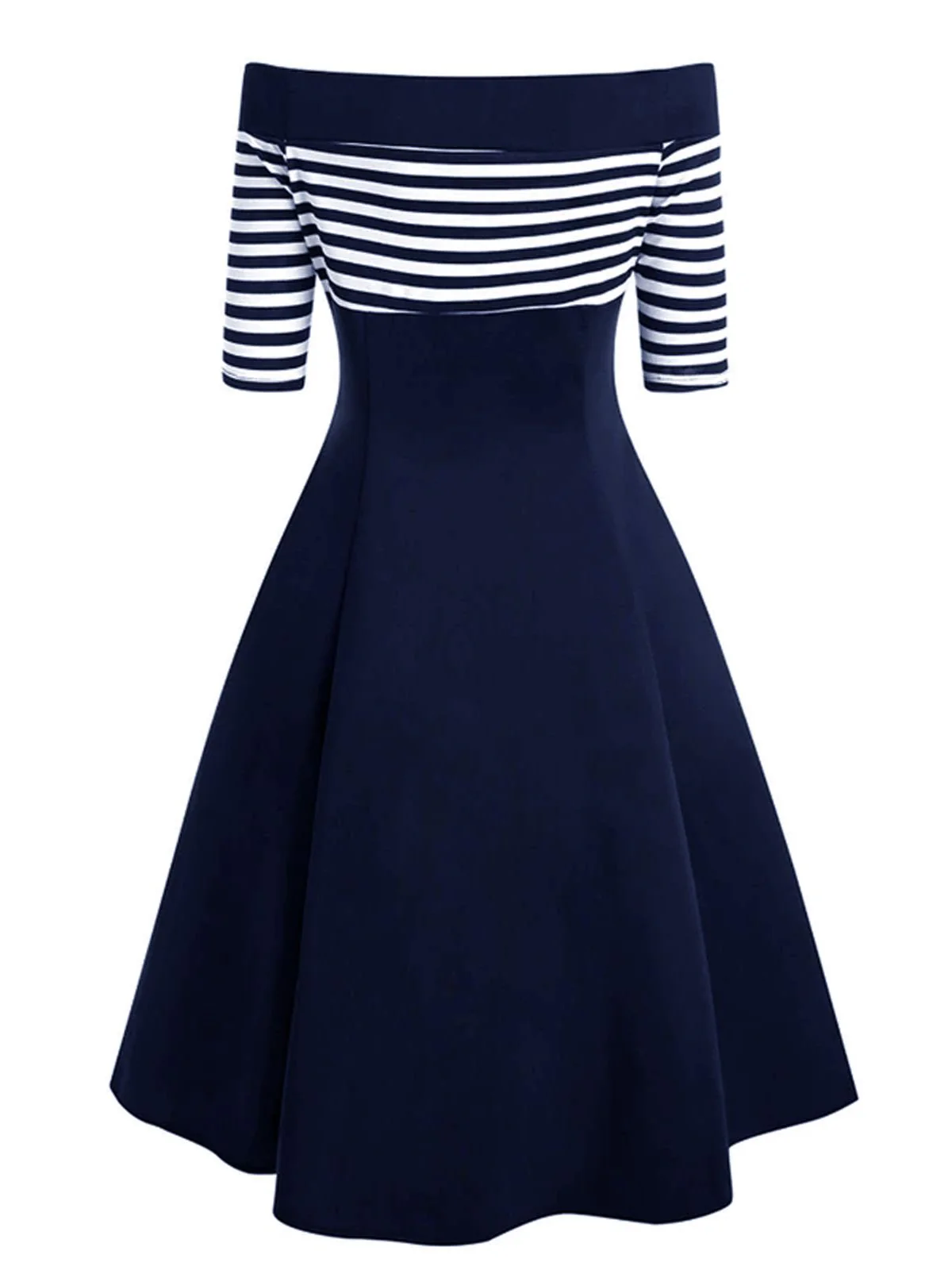 [Vorverkauf] Marineblau 1950er Streifen Schulterfreies Kleid - Image 4