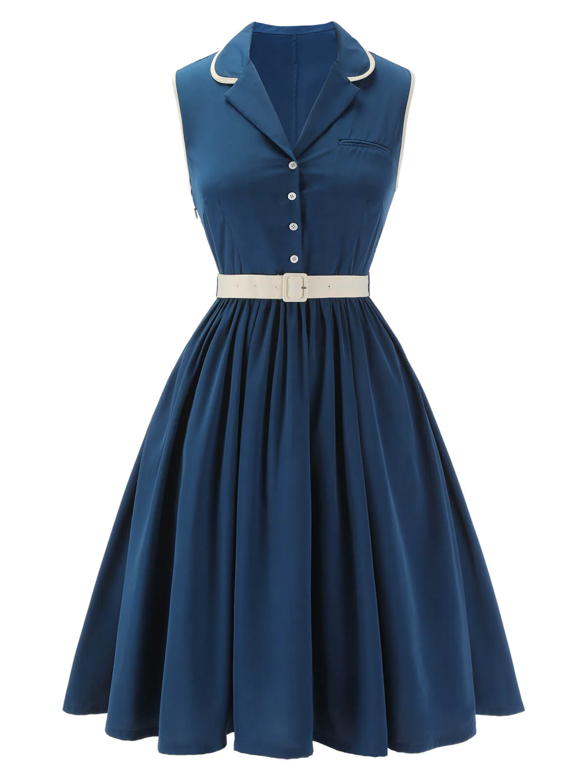 Marineblau 1960er ärmelloses Revers Gürtel Kleid - Image 2