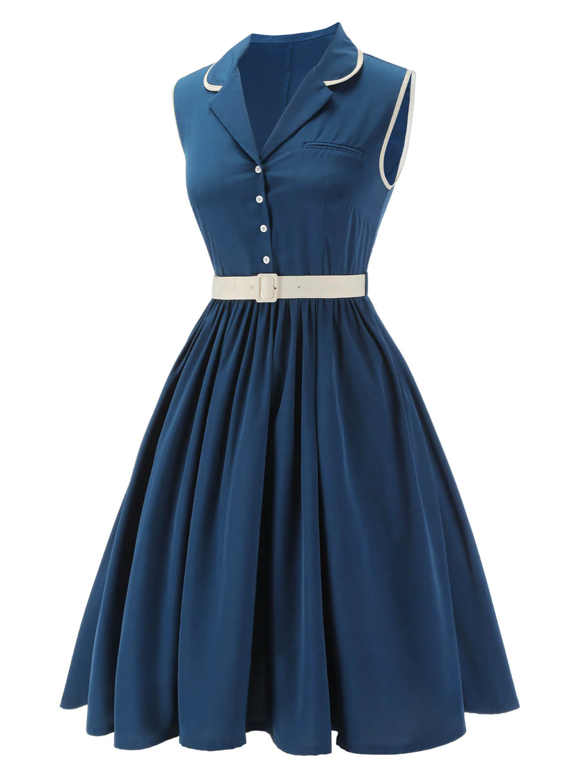 Marineblau 1960er ärmelloses Revers Gürtel Kleid - Image 3