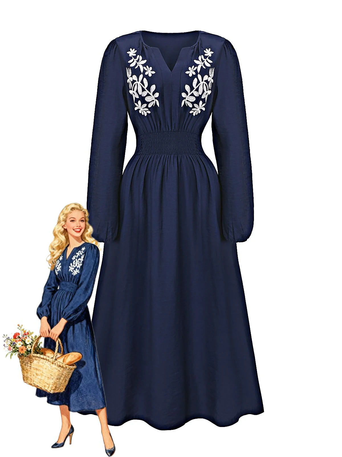 Marineblau 1970er Blumen Besticktes Maxi Kleid