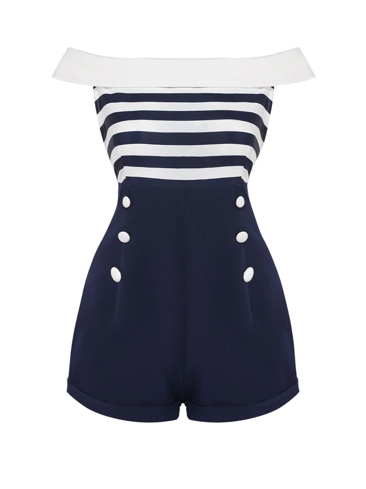 Marineblau 1950er Patchwork Schulterfrei Gestreift Romper - Image 2