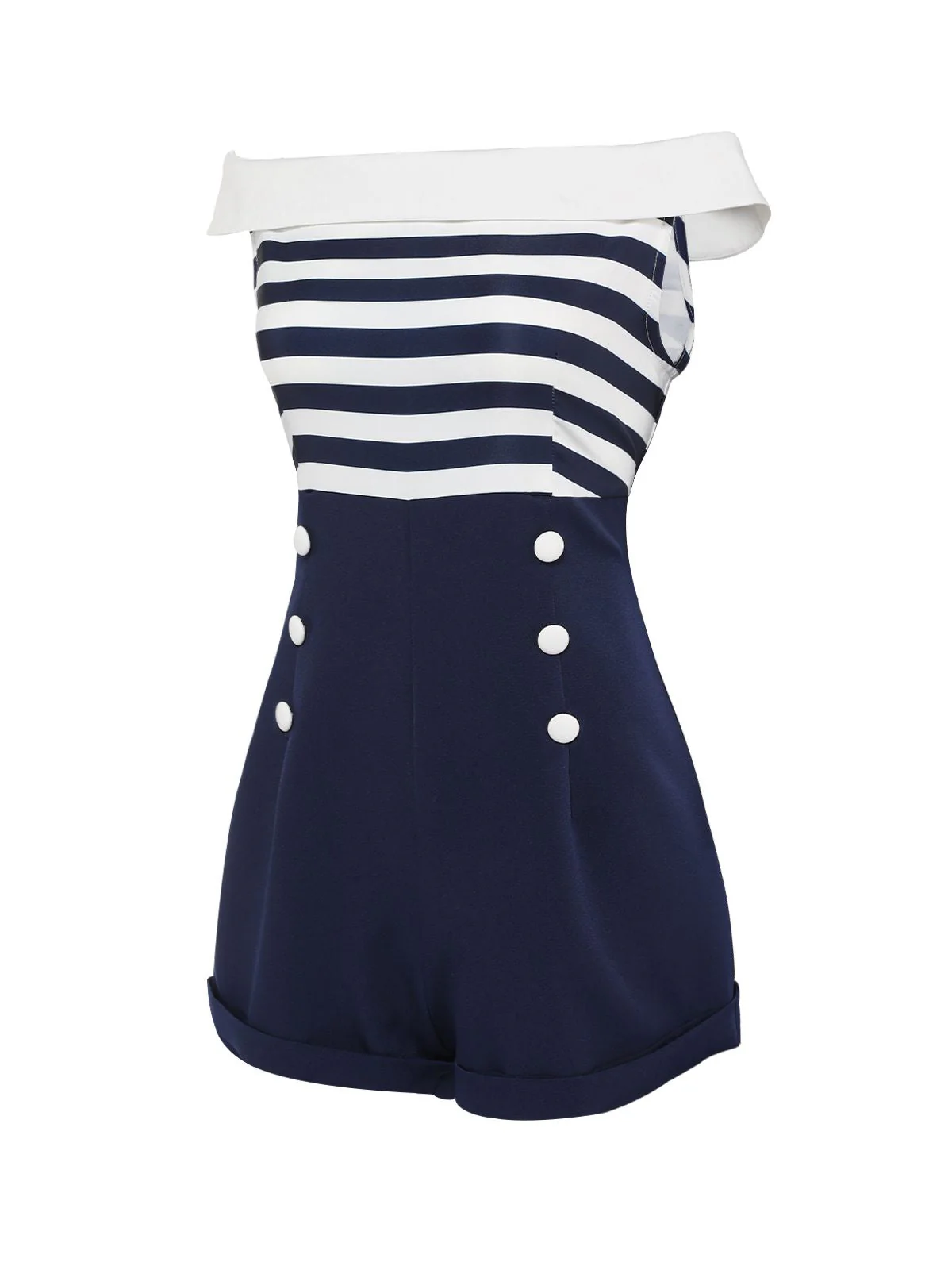 Marineblau 1950er Patchwork Schulterfrei Gestreift Romper - Image 3