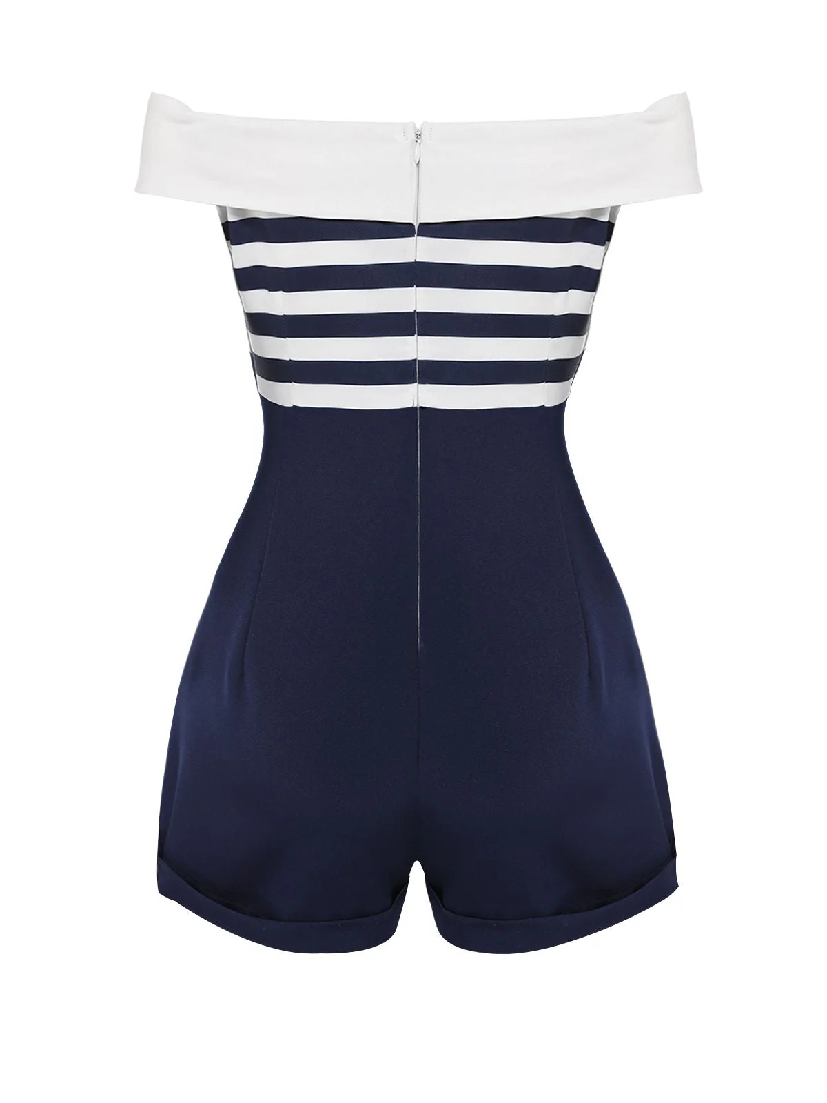 Marineblau 1950er Patchwork Schulterfrei Gestreift Romper - Image 4