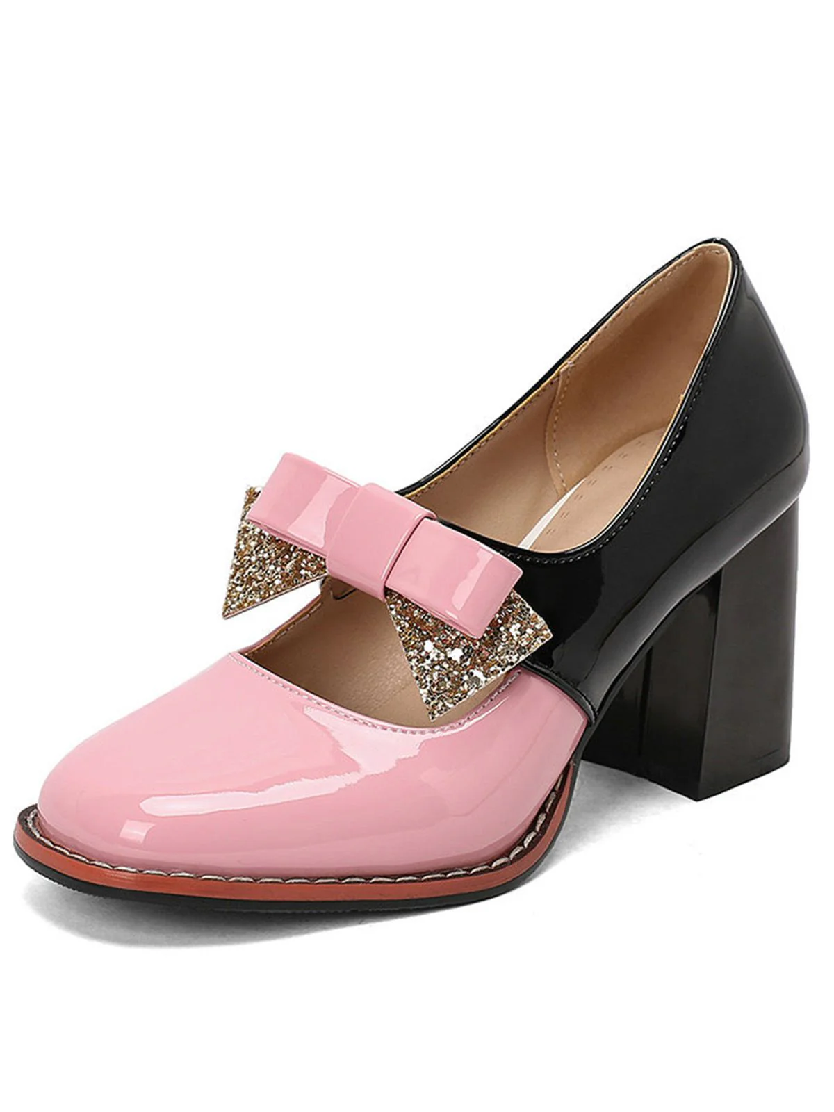 Mary Jane Farbblock Funkeln Bowknot Klobige Absätze - Image 6