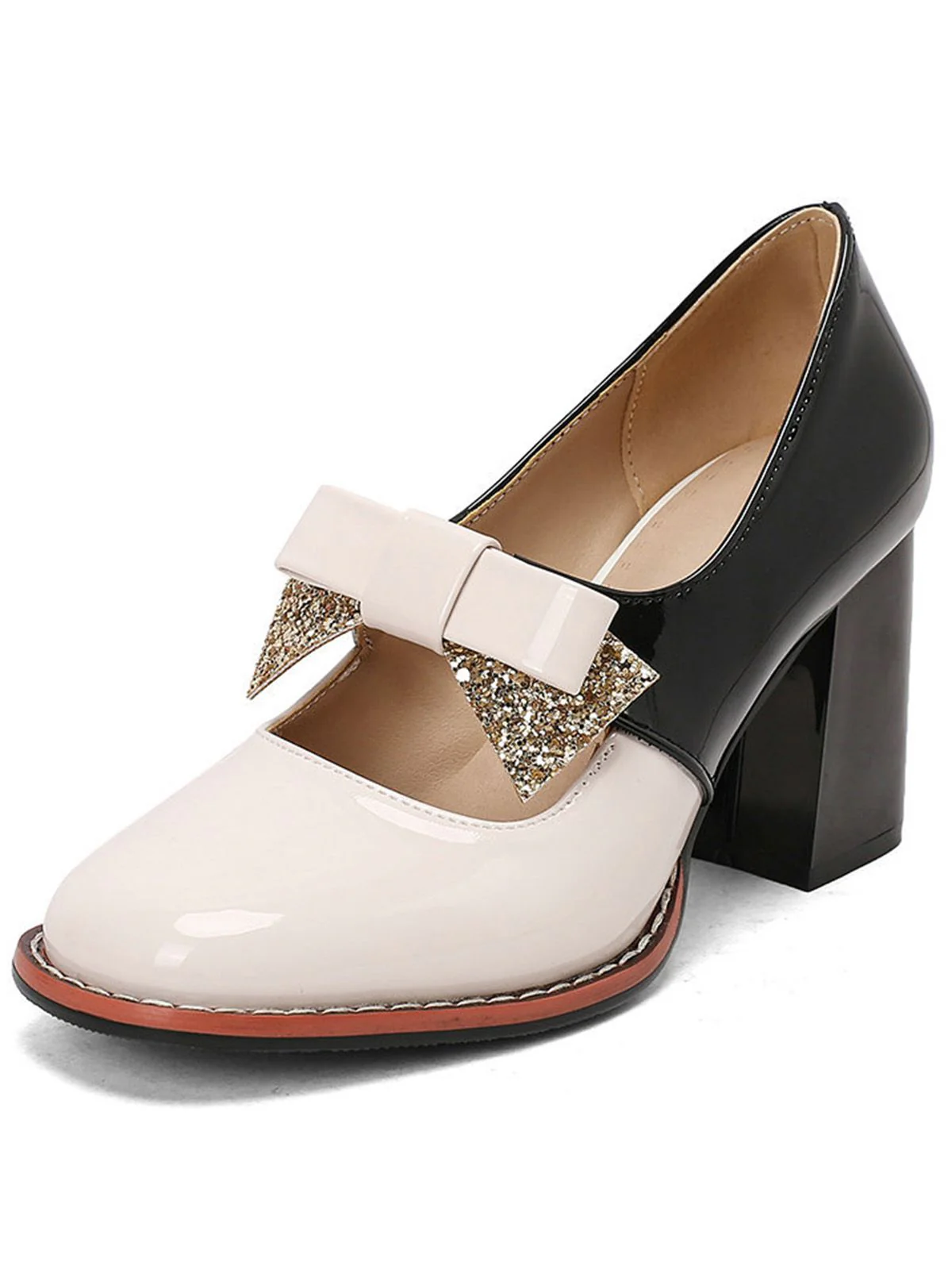 Mary Jane Farbblock Funkeln Bowknot Klobige Absätze - Image 9