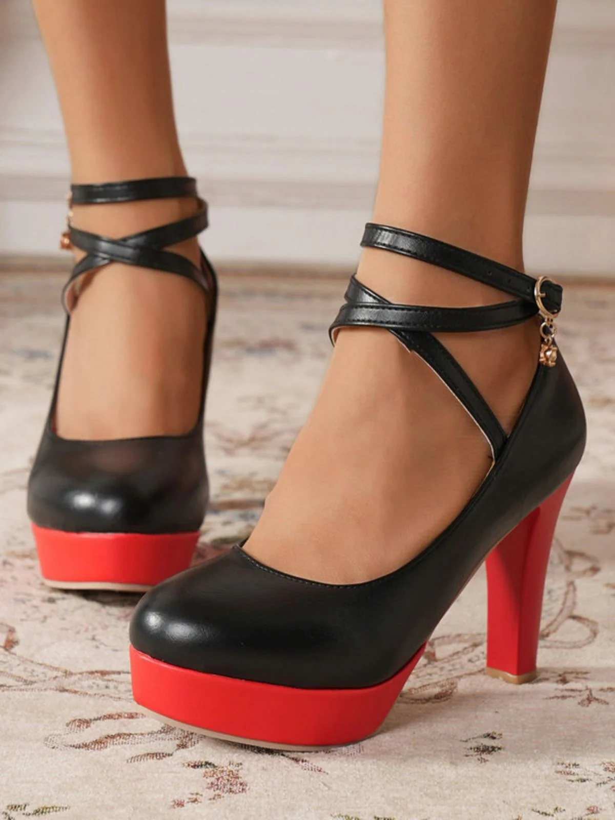 Mary Jane Farbblock Rundem Zehenriemen Klobige High Heels - Image 2