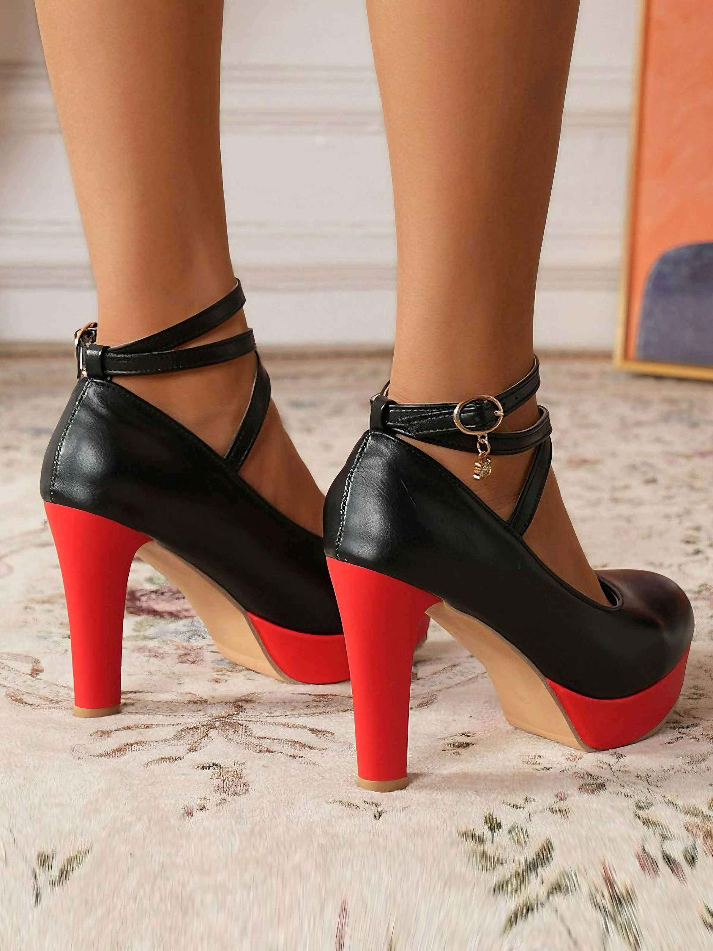 Mary Jane Farbblock Rundem Zehenriemen Klobige High Heels - Image 3