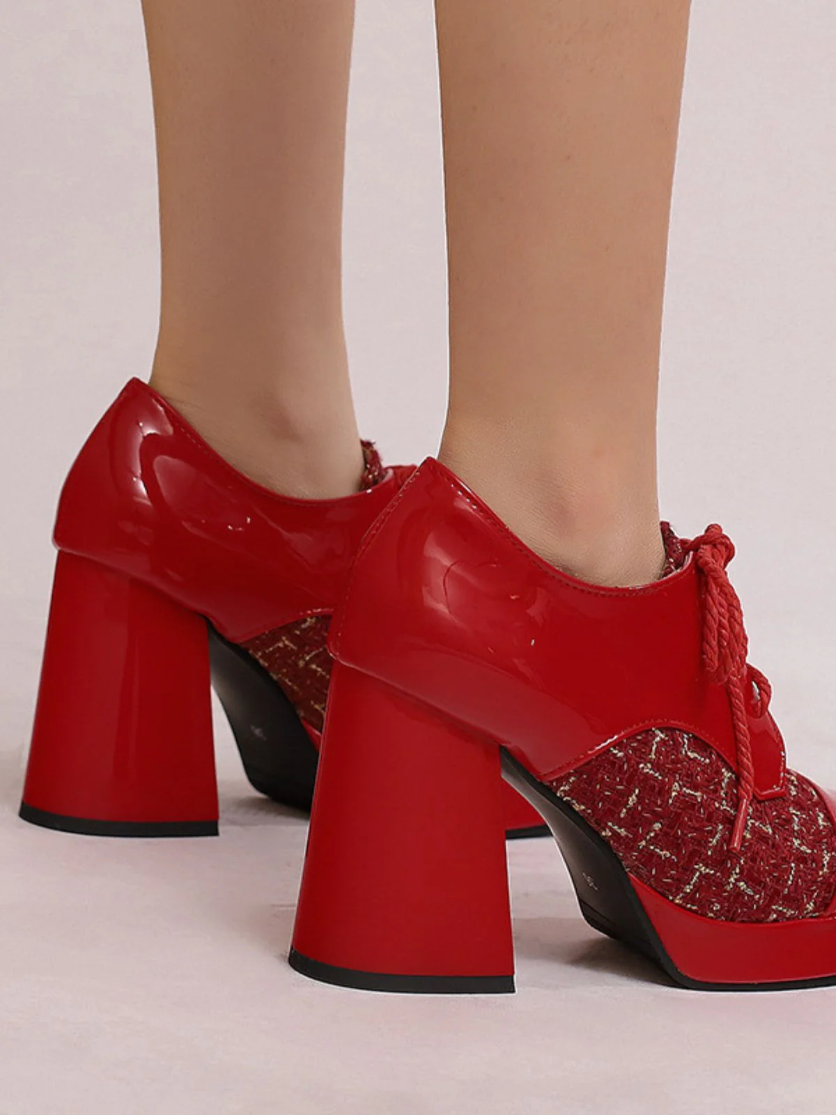 Mary Jane Kariert Quadratisch Zehen Block Absatz Schuhe - Image 11