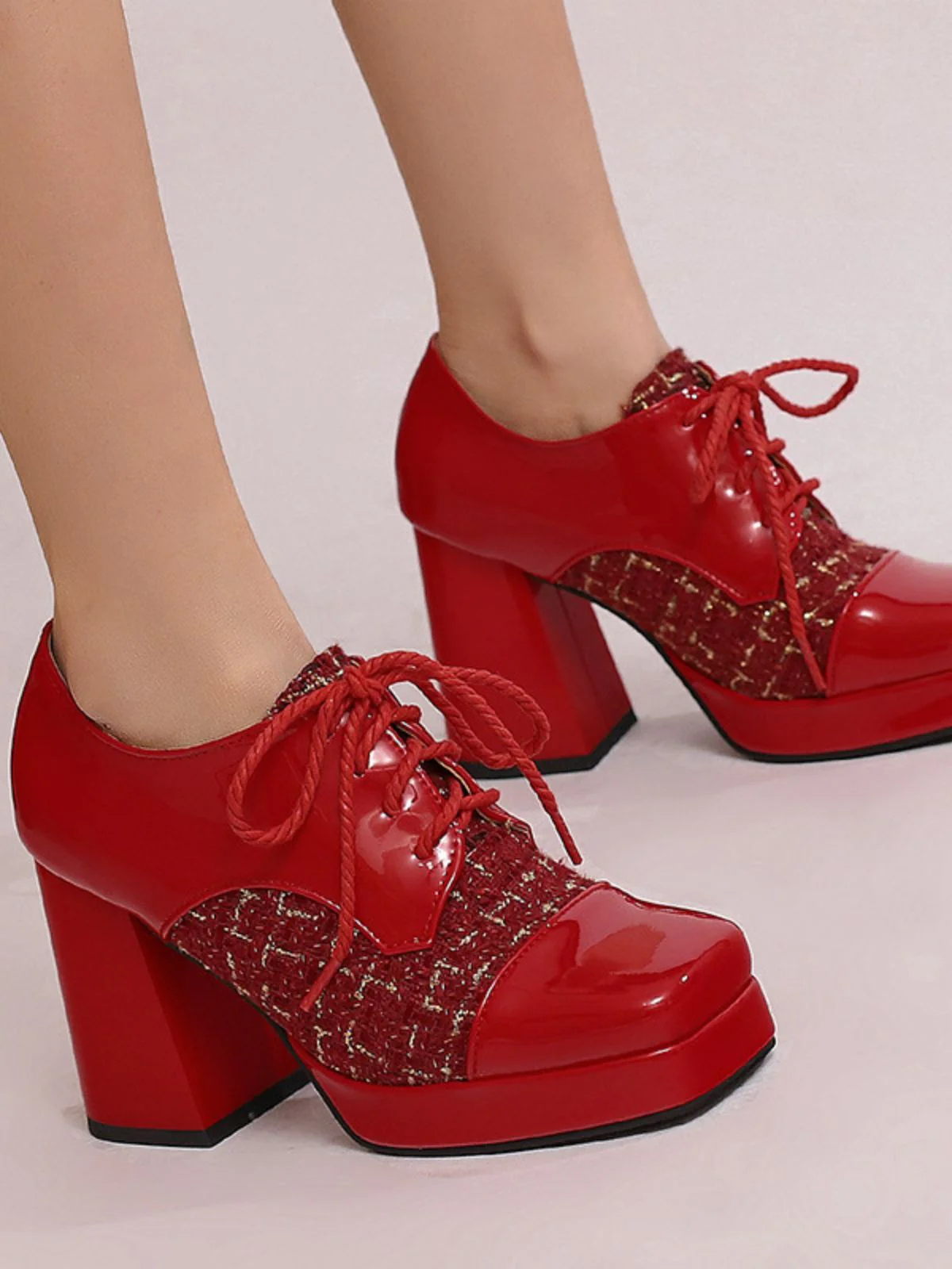 Mary Jane Kariert Quadratisch Zehen Block Absatz Schuhe - Image 12