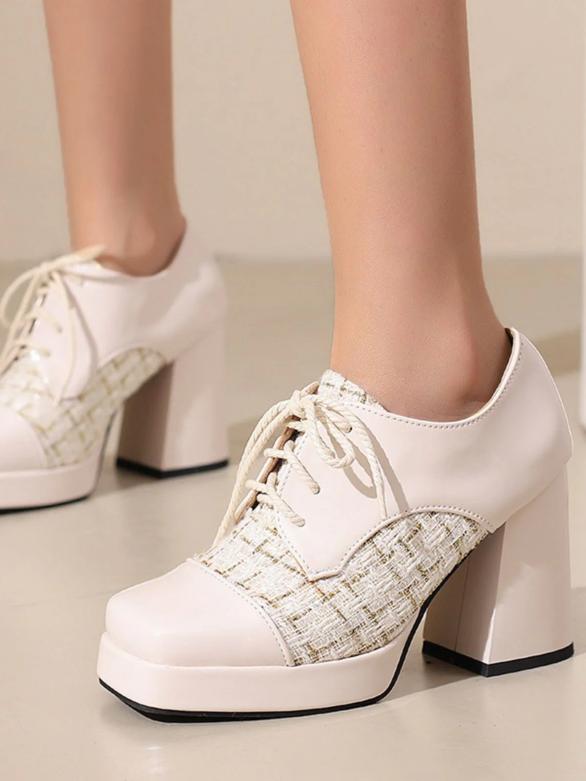 Mary Jane Kariert Quadratisch Zehen Block Absatz Schuhe - Image 14