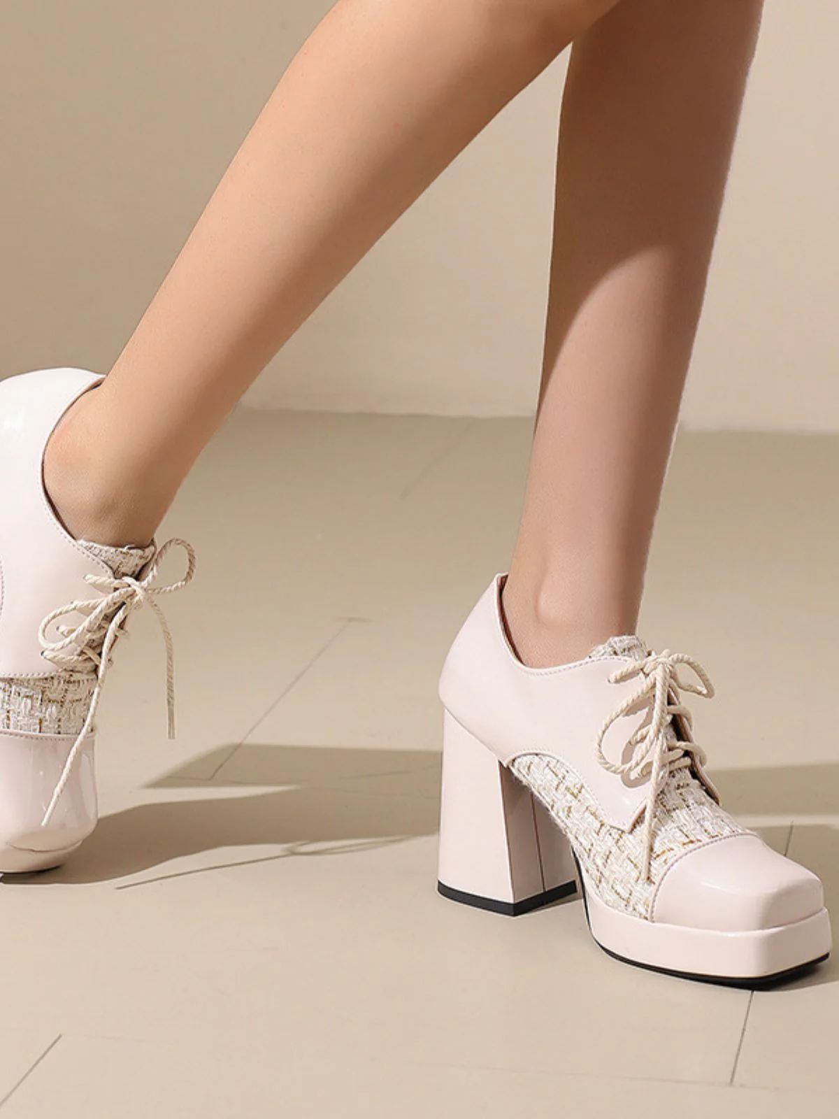 Mary Jane Kariert Quadratisch Zehen Block Absatz Schuhe - Image 15