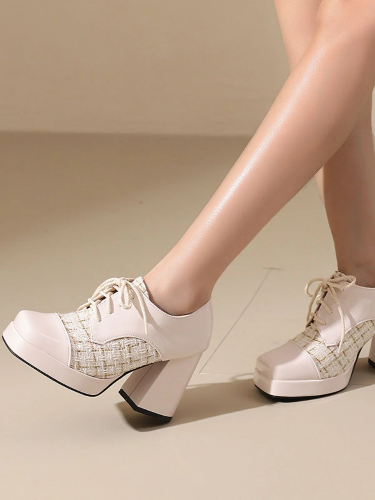 Mary Jane Kariert Quadratisch Zehen Block Absatz Schuhe - Image 16